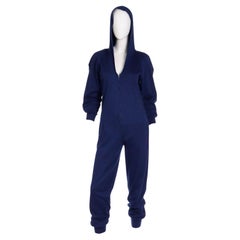 1980s Norma Kamali Retro Navy Blue Stretch Jersey Hooded Jumpsuit