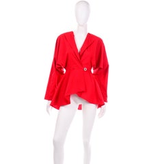 1980s Norma Kamali Vintage Red Cotton Peplum Cotton Jacket