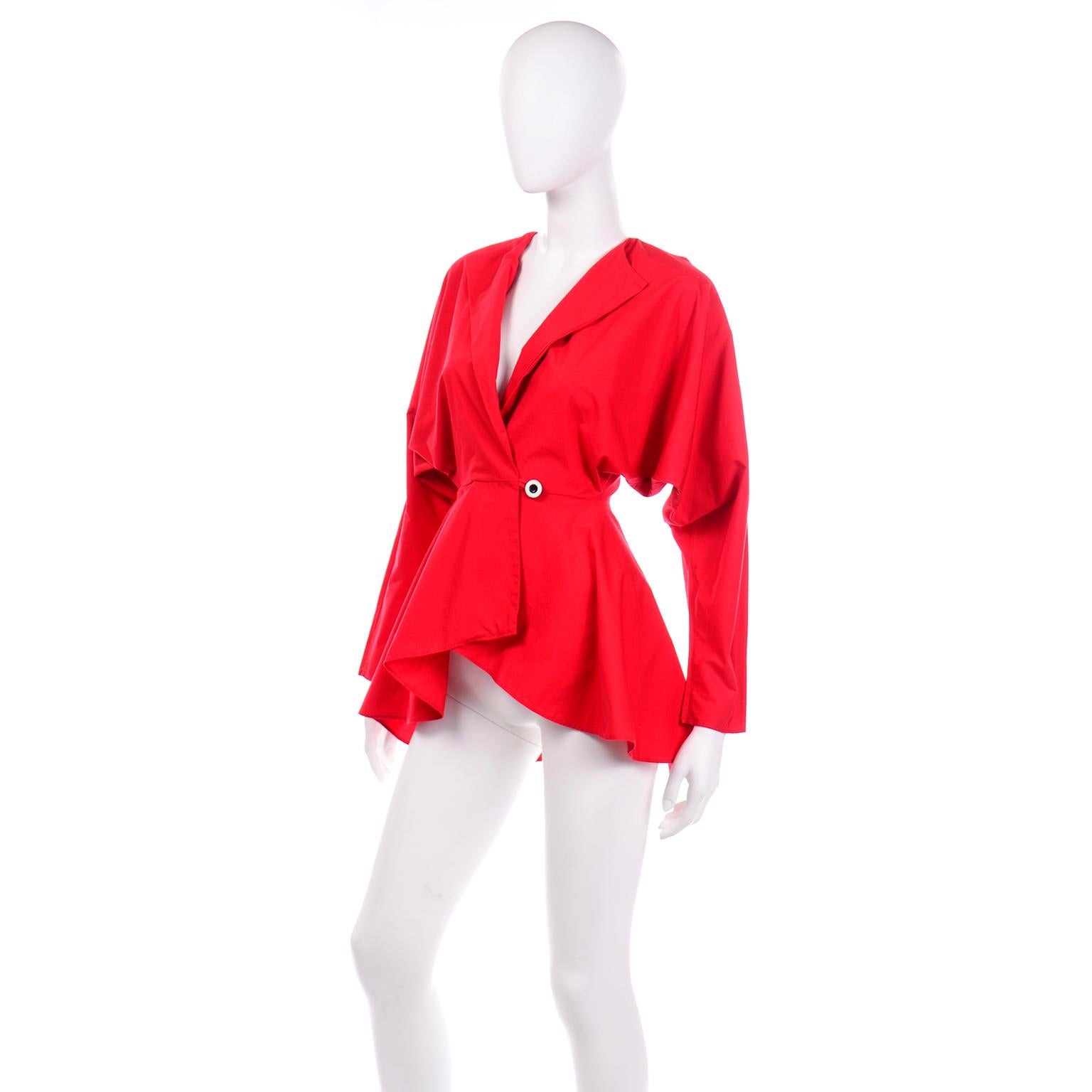 1980s Norma Kamali Vintage Red Cotton Peplum Cotton Jacket  In Excellent Condition For Sale In Portland, OR