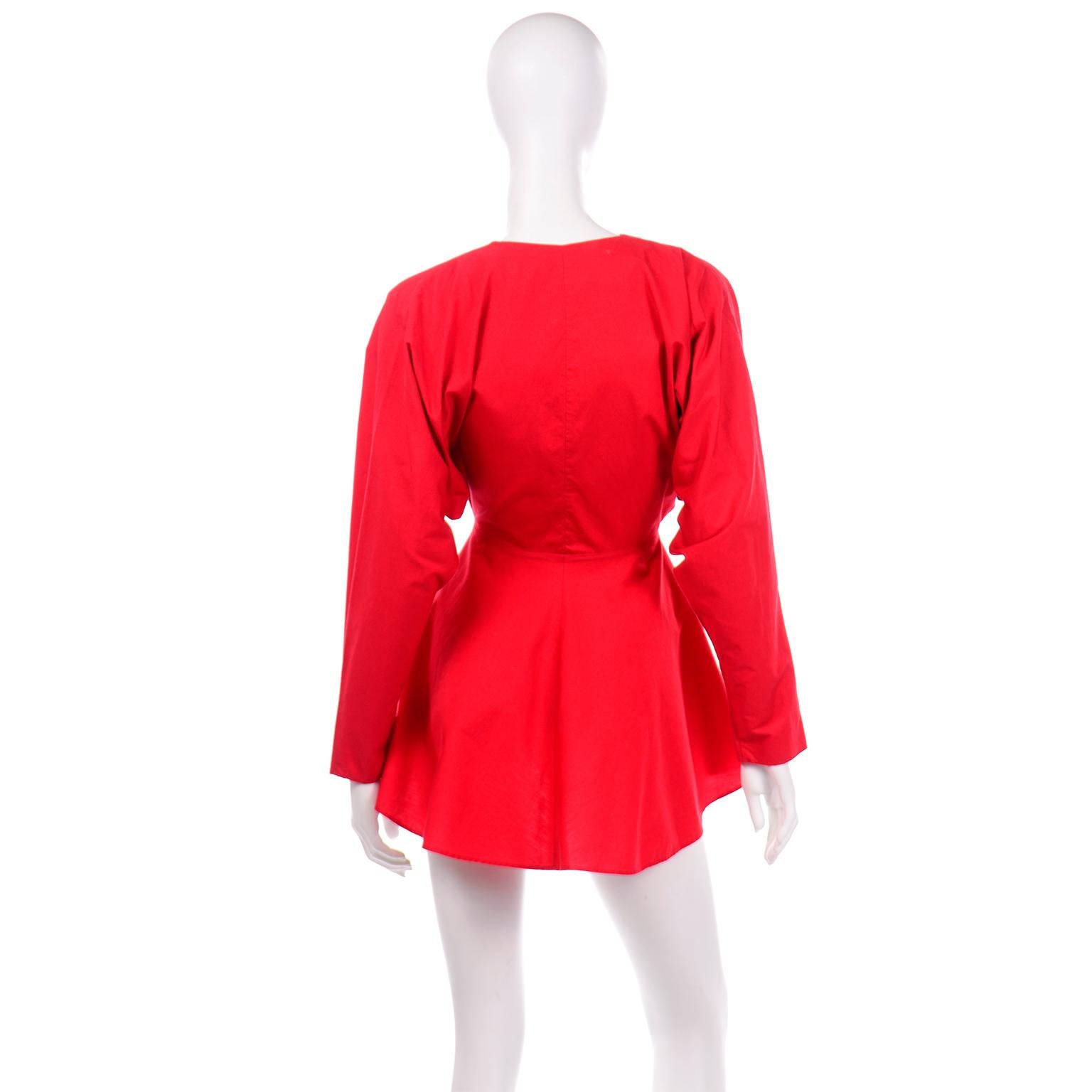 1980s Norma Kamali Vintage Red Cotton Peplum Cotton Jacket  For Sale 1