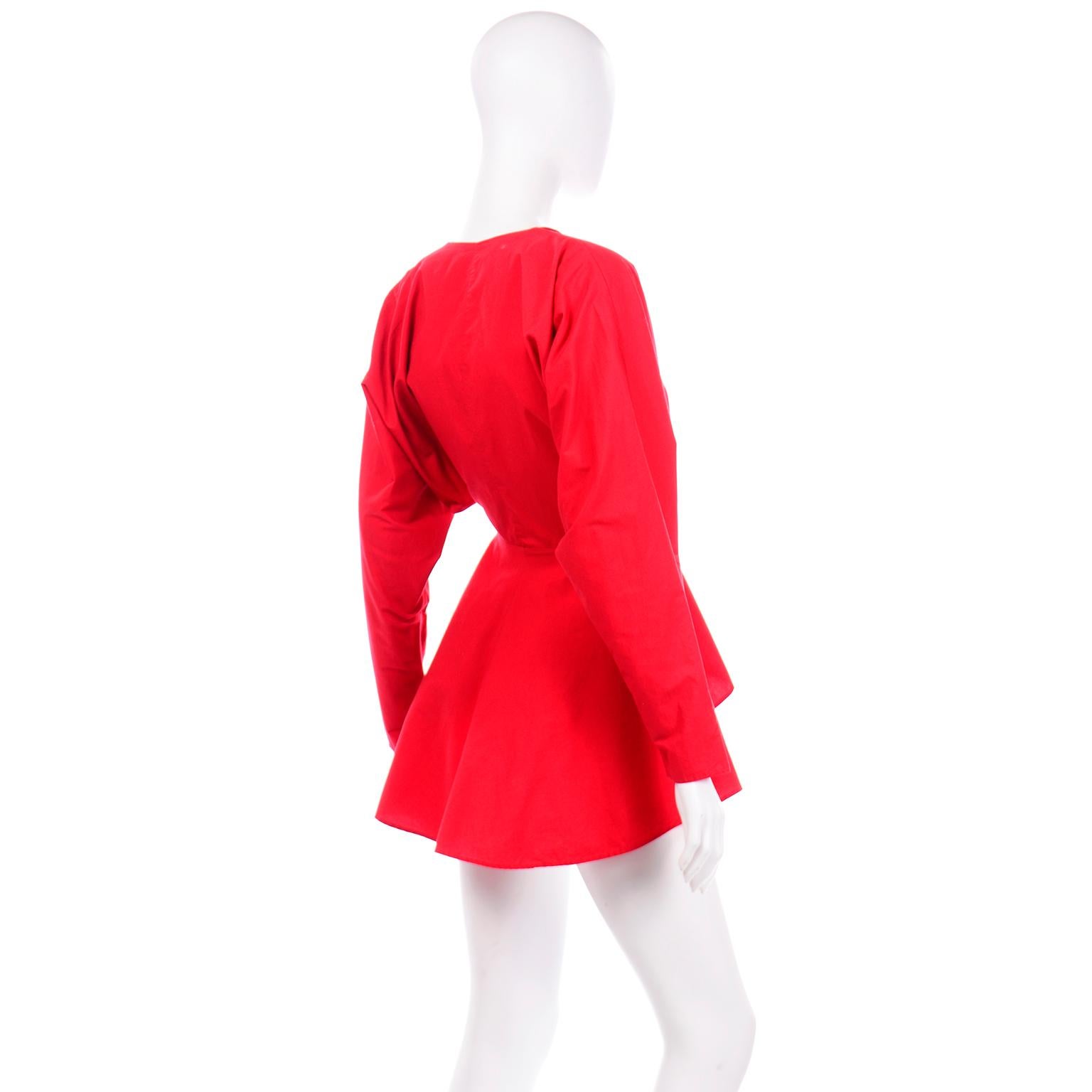 1980s Norma Kamali Vintage Red Cotton Peplum Cotton Jacket  For Sale 2