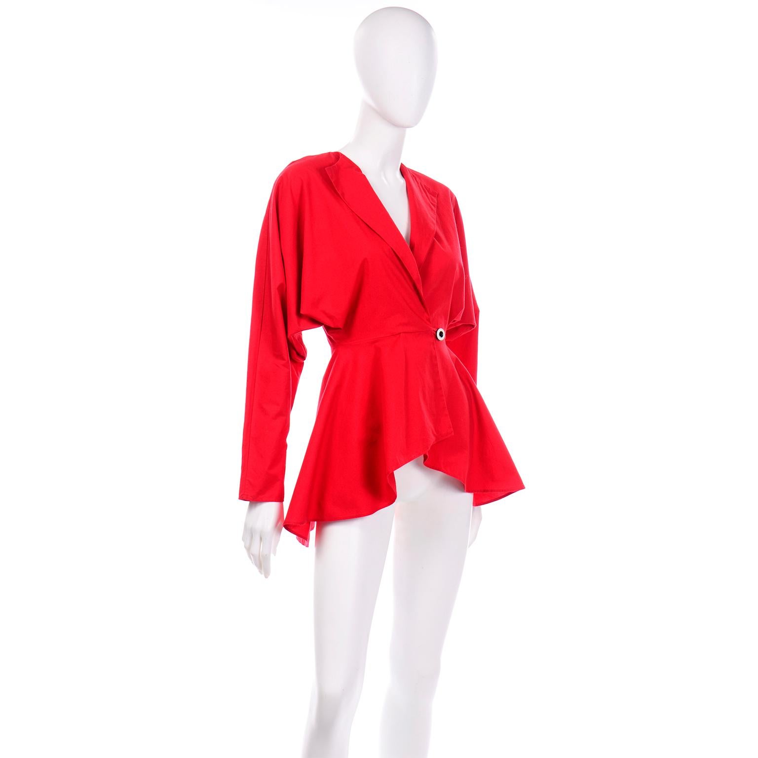 1980s Norma Kamali Vintage Red Cotton Peplum Cotton Jacket  For Sale 3