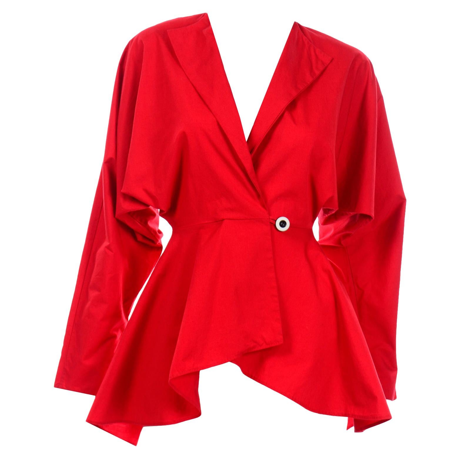 1980s Norma Kamali Vintage Red Cotton Peplum Cotton Jacket  For Sale