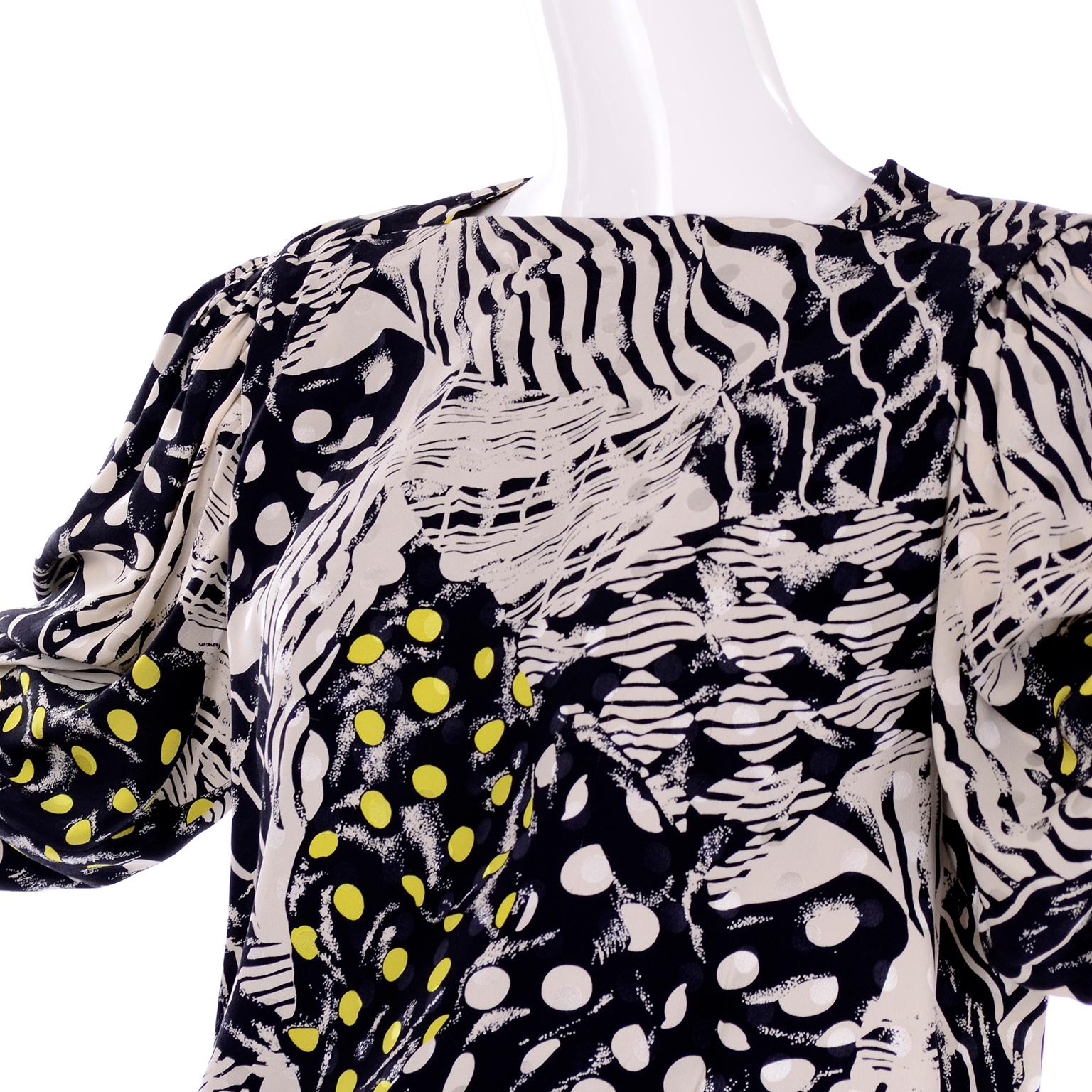 1980s Norma Walters Black & White Abstract Bold Print Silk Dress W/ Yellow Dots 6