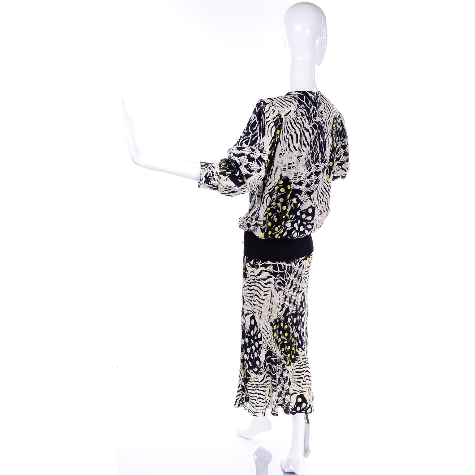 Women's 1980s Norma Walters Black & White Abstract Bold Print Silk Dress W/ Yellow Dots