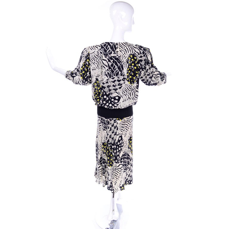 1980s Norma Walters Black & White Abstract Bold Print Silk Dress W/ Yellow Dots For Sale 1