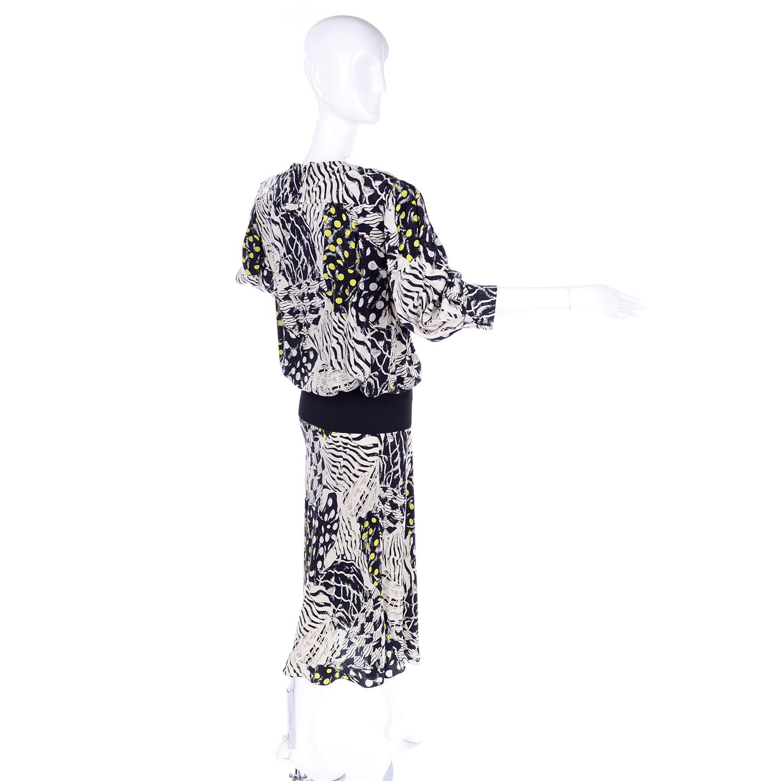 1980s Norma Walters Black & White Abstract Bold Print Silk Dress W/ Yellow Dots 2