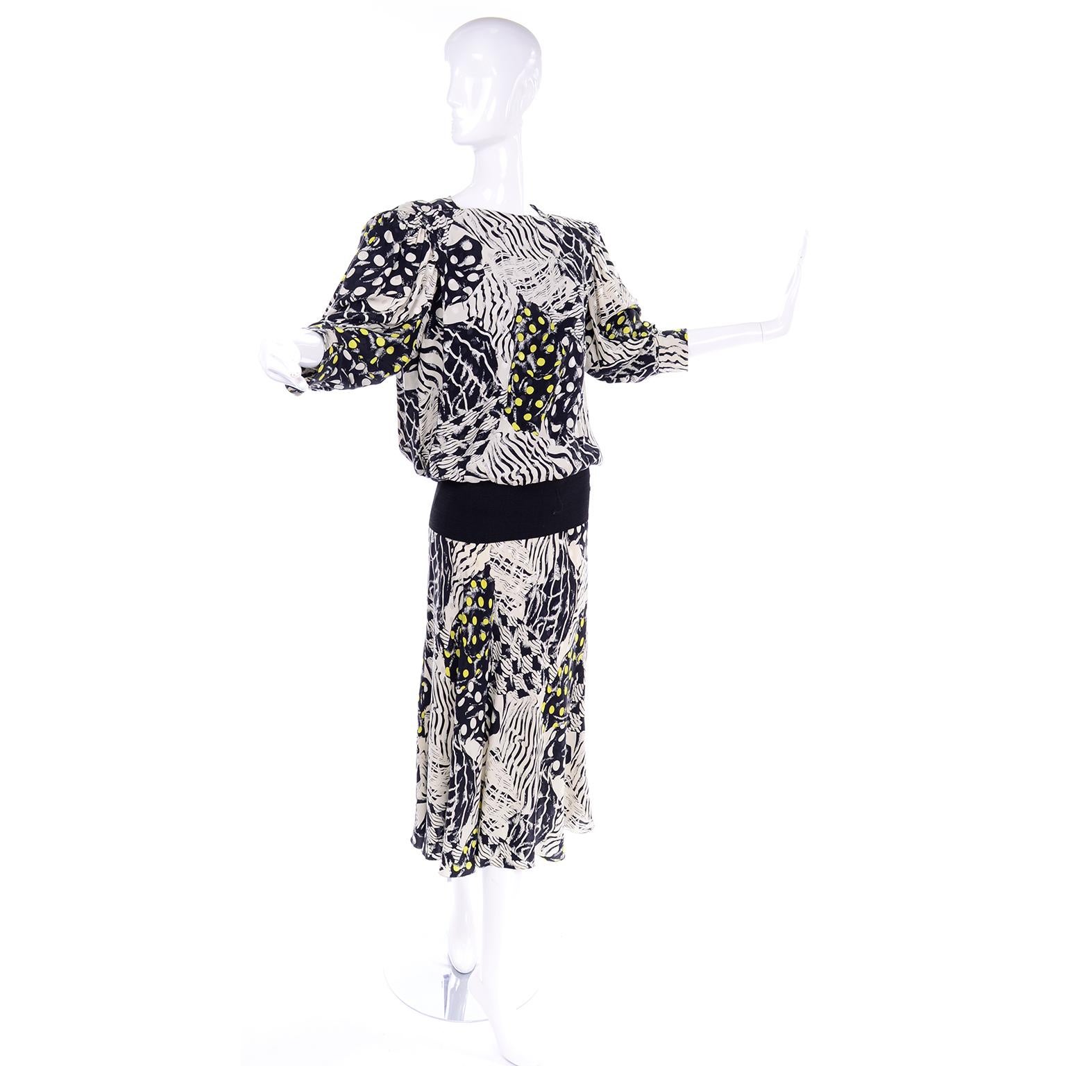 1980s Norma Walters Black & White Abstract Bold Print Silk Dress W/ Yellow Dots 3