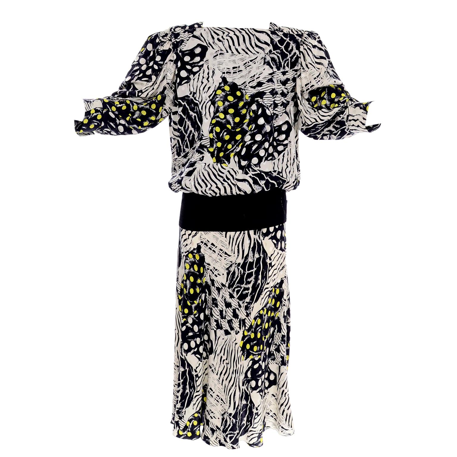 1980s Norma Walters Black & White Abstract Bold Print Silk Dress W/ Yellow Dots