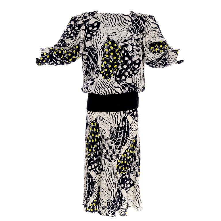 1980s Norma Walters Black & White Abstract Bold Print Silk Dress W/ Yellow Dots For Sale