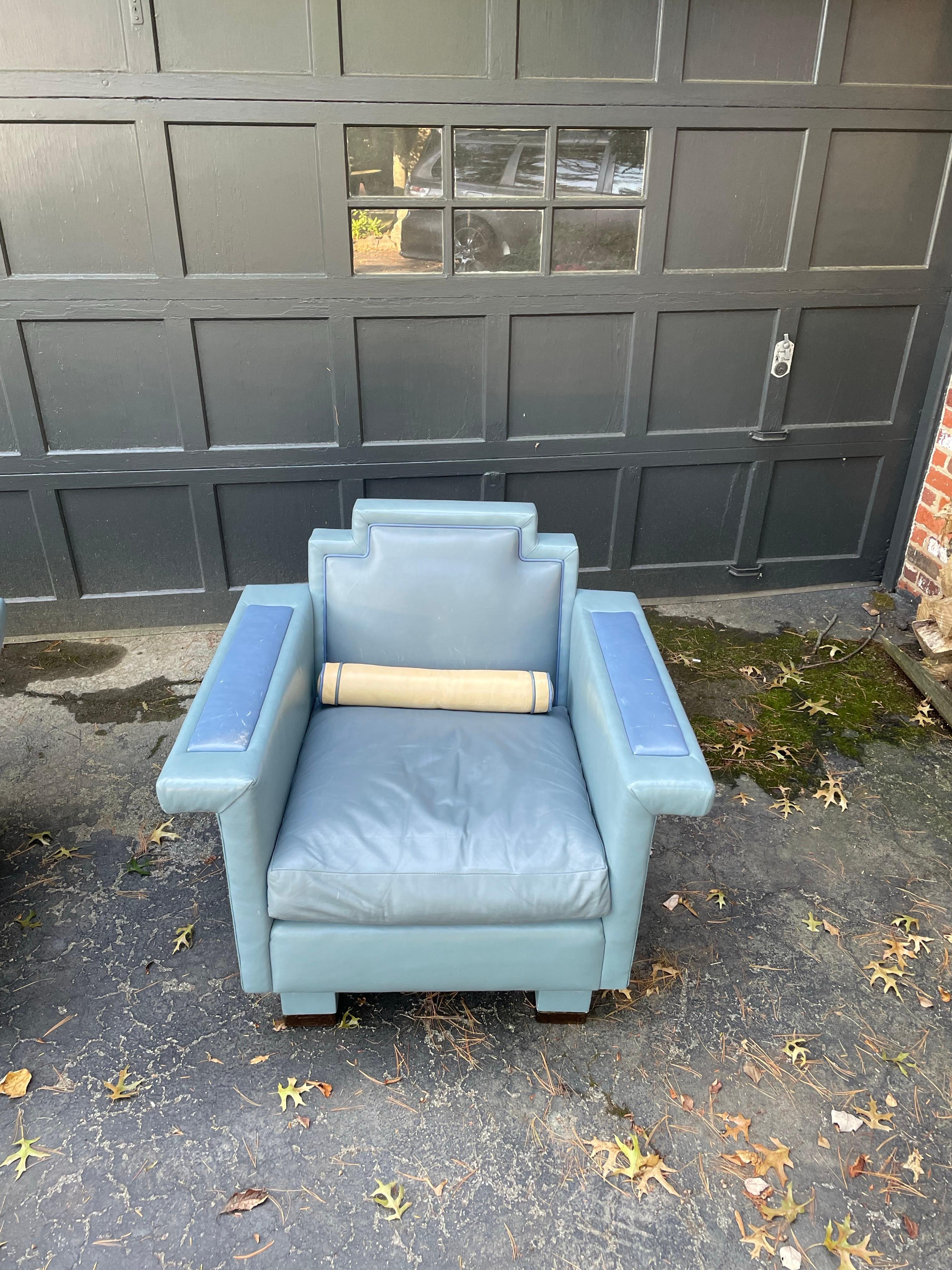 American 1980s Norman Jaffe Postmodern Pair of Leather Club Chairs For Sale