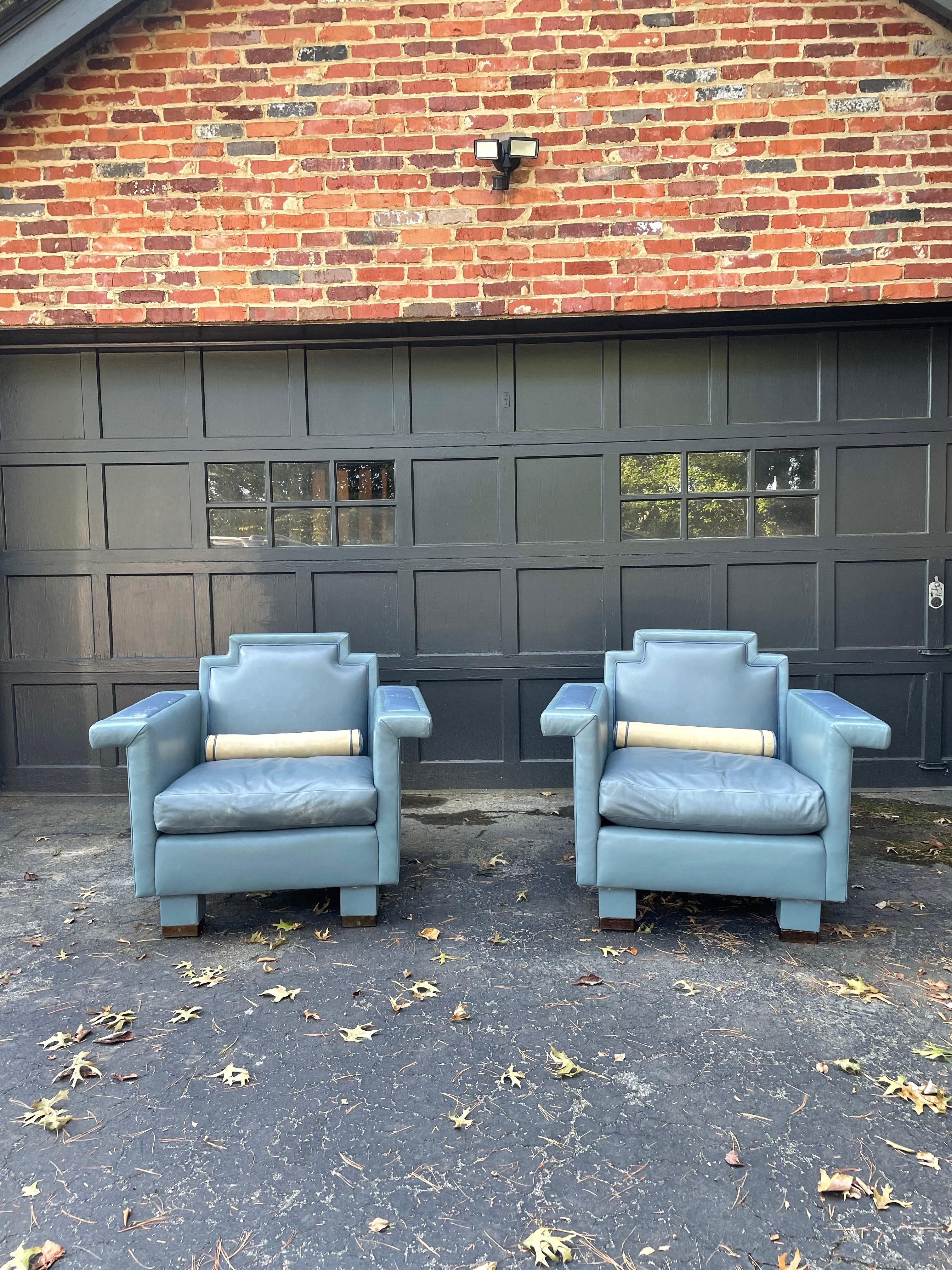 1980s Norman Jaffe Postmodern Pair of Leather Club Chairs In Good Condition For Sale In Roanoke, VA