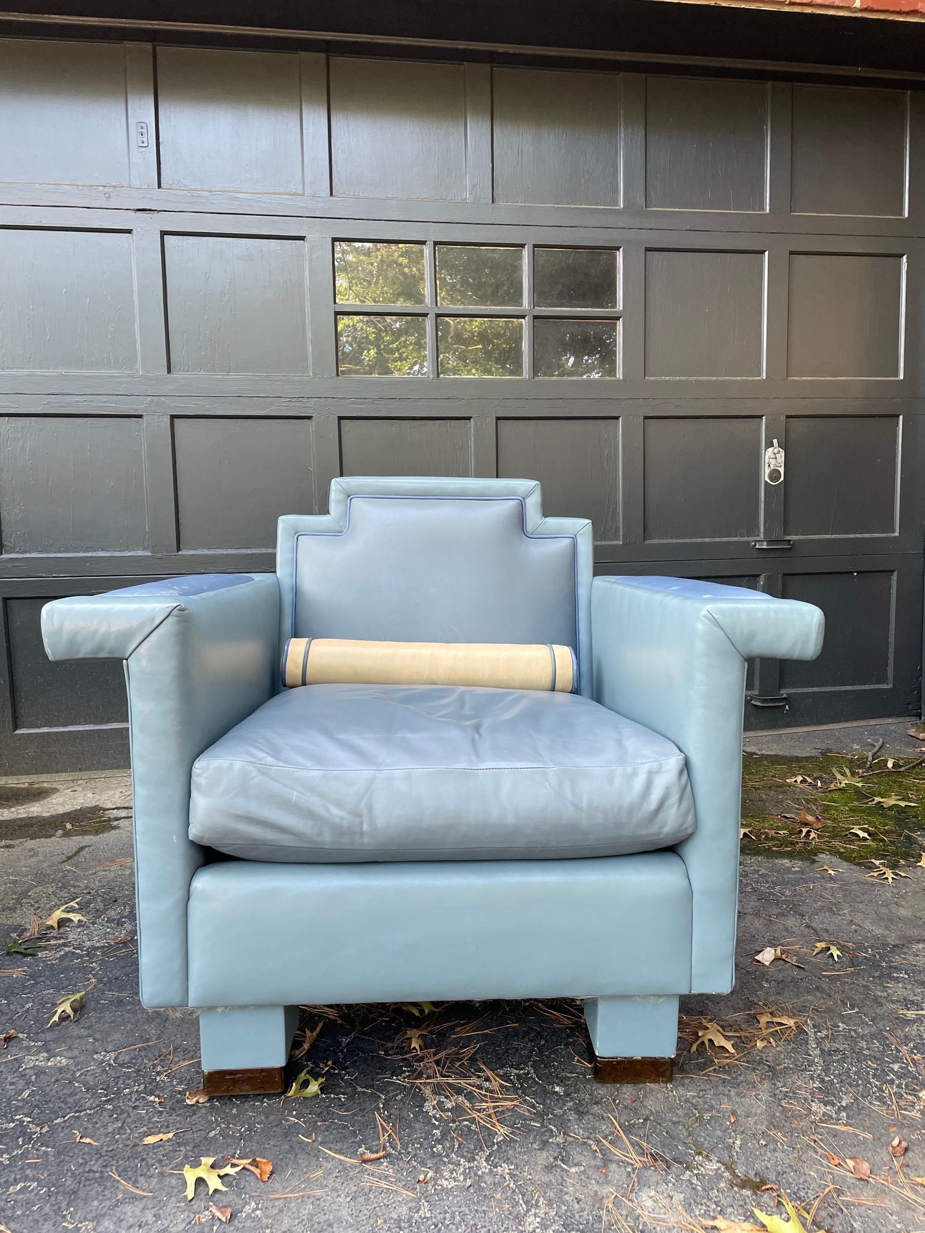 1980s Norman Jaffe Postmodern Pair of Leather Club Chairs For Sale 1
