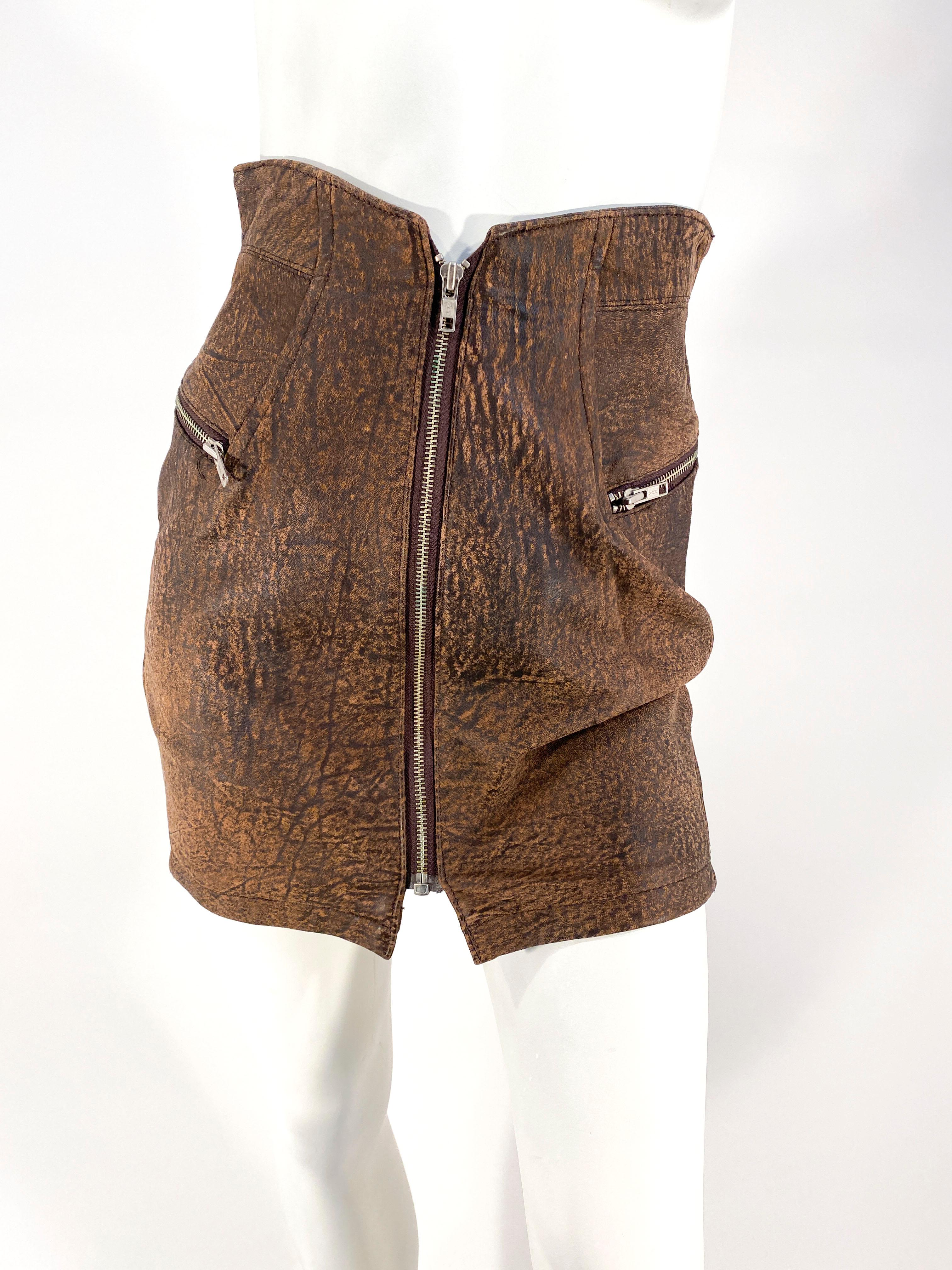 Women's 1980s North Beach Leather Brown Bomber Jacket and Mini Skirt