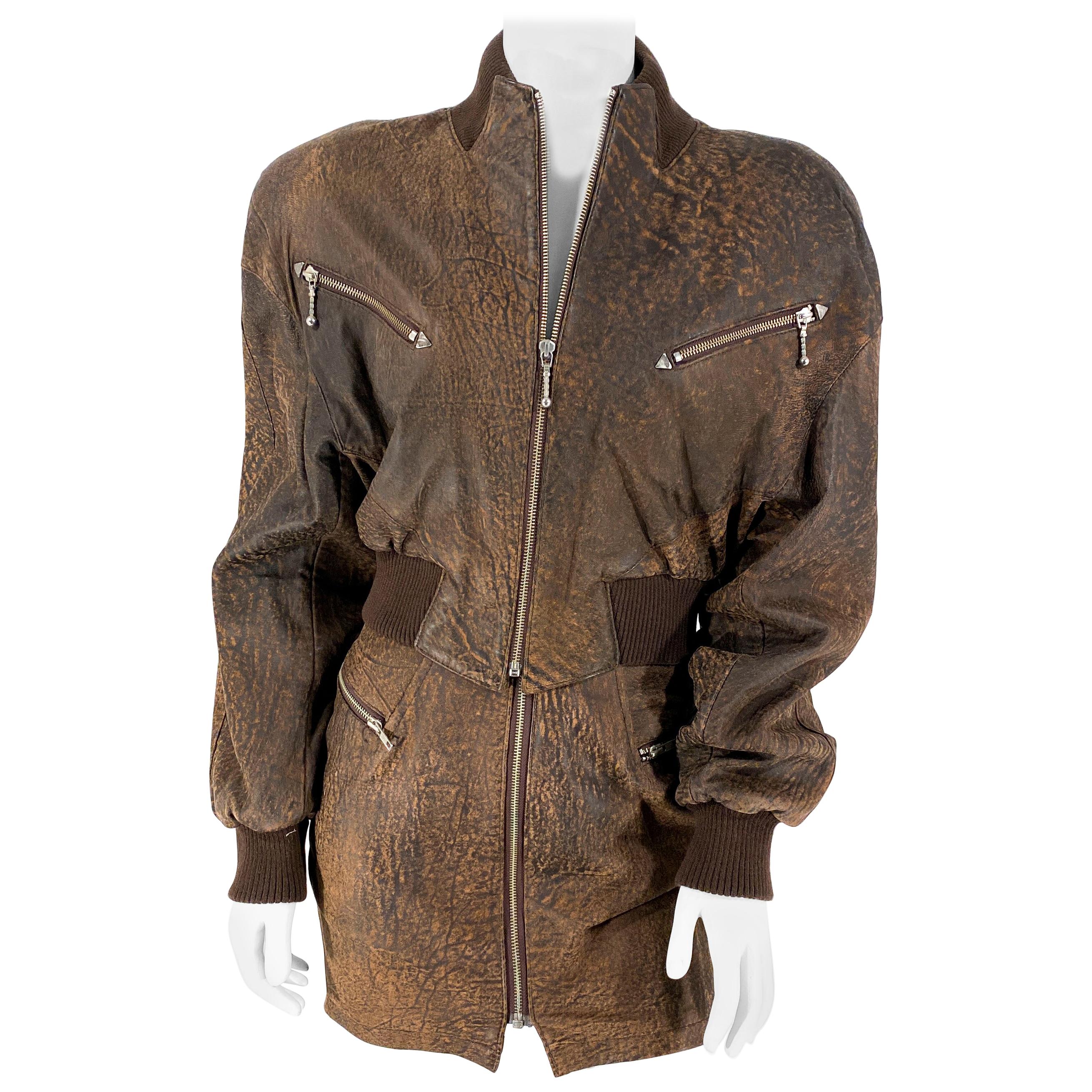 1980s North Beach Leather Brown Bomber Jacket and Mini Skirt
