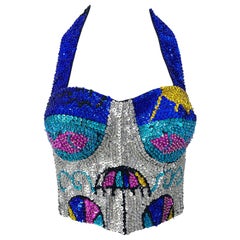 1980s Novelty Sequin Beaded Beach Themed Vintage 80s Halter Bustier Crop Top
