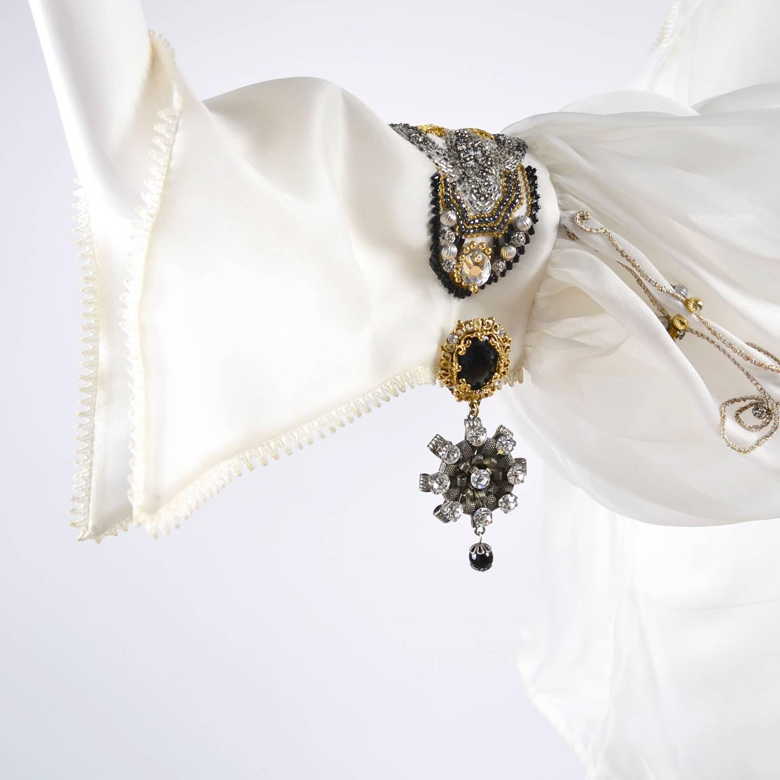 Christian Dior Beaded Silk Organza Numbered Blouse with Jewel Cufflinks, 1980s 5
