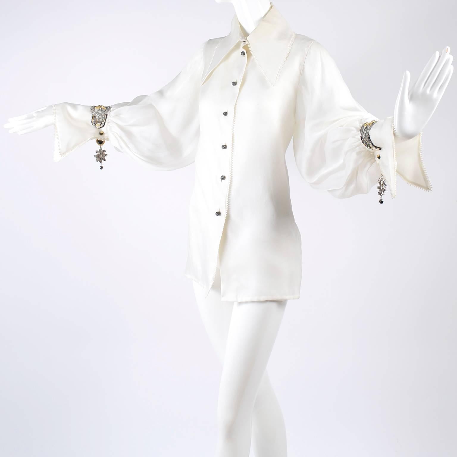 Christian Dior Beaded Silk Organza Numbered Blouse with Jewel Cufflinks, 1980s 9