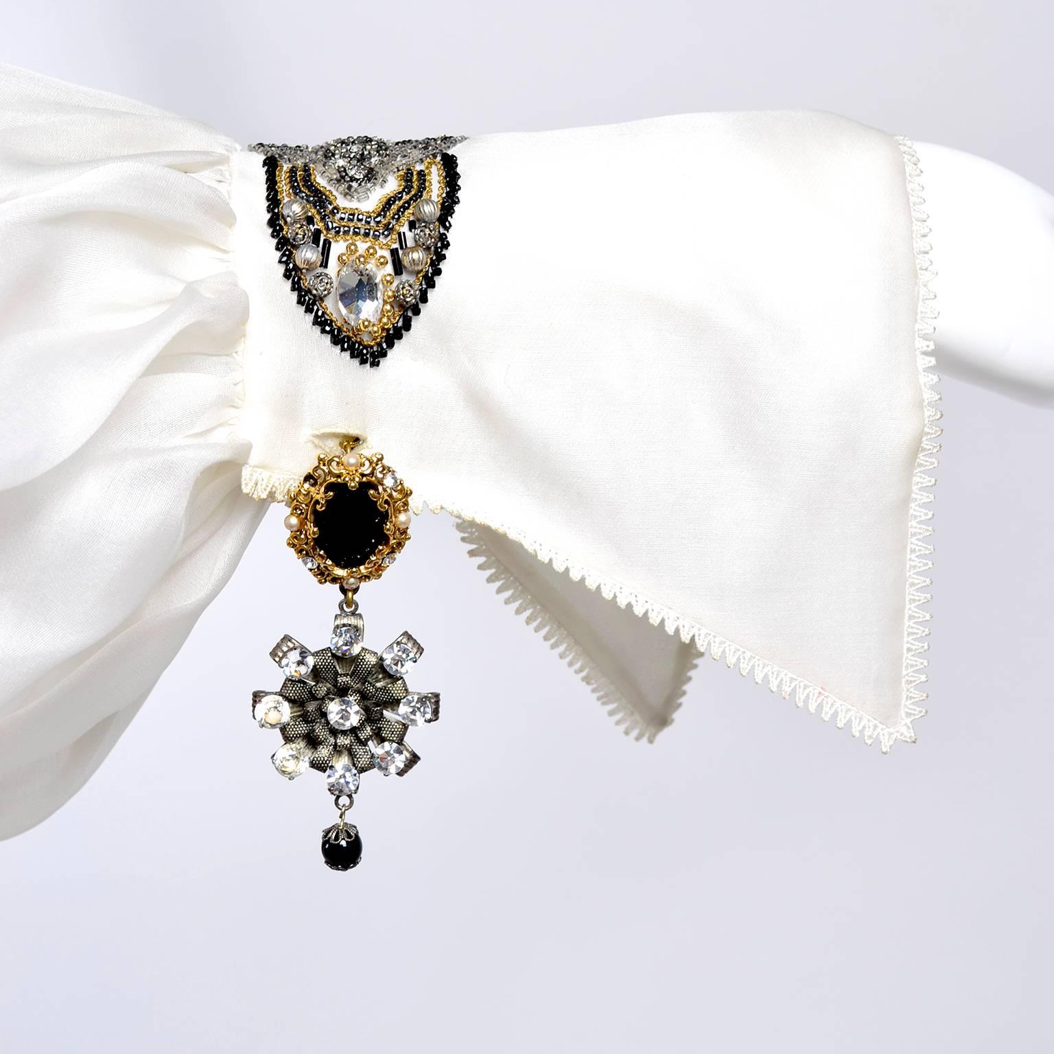Christian Dior Beaded Silk Organza Numbered Blouse with Jewel Cufflinks, 1980s 13