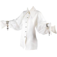 Christian Dior Beaded Silk Organza Numbered Blouse with Jewel Cufflinks, 1980s