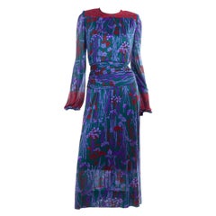 1980's Numbered Lanvin Paris Vintage Green Purple & Red Floral Ruched Day Dress
