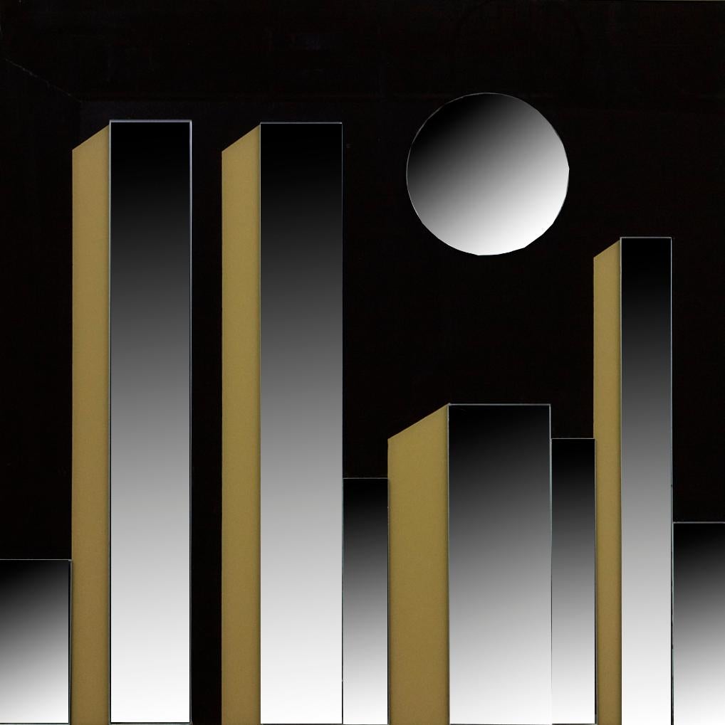 1980s 'NYC Skyline at night' mirror, made from tinted and stacked glass elements framed with a brass colored edge. The Minimalist esthetic mirror depicts the twin towers and a moon over NY.
The moon has some blind spots in the lower right edge,