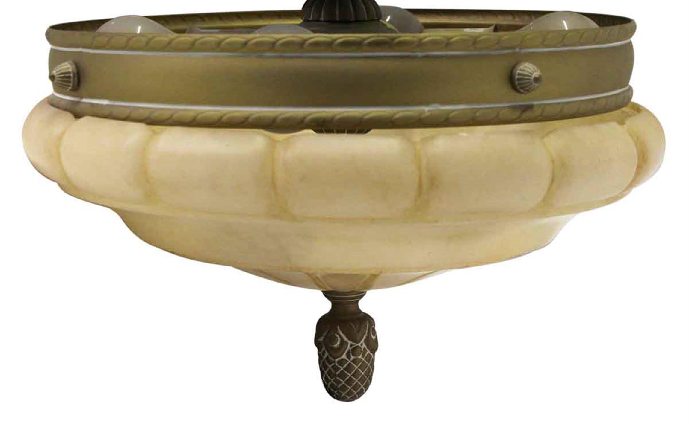 Large 1980s alabaster semi flush mount dish ceiling light with brass details and a pineapple finial. From the NYC Waldorf Astoria Hotel. Please allow two weeks for rewiring and cleaning. Waldorf Astoria authenticity card included with your purchase.