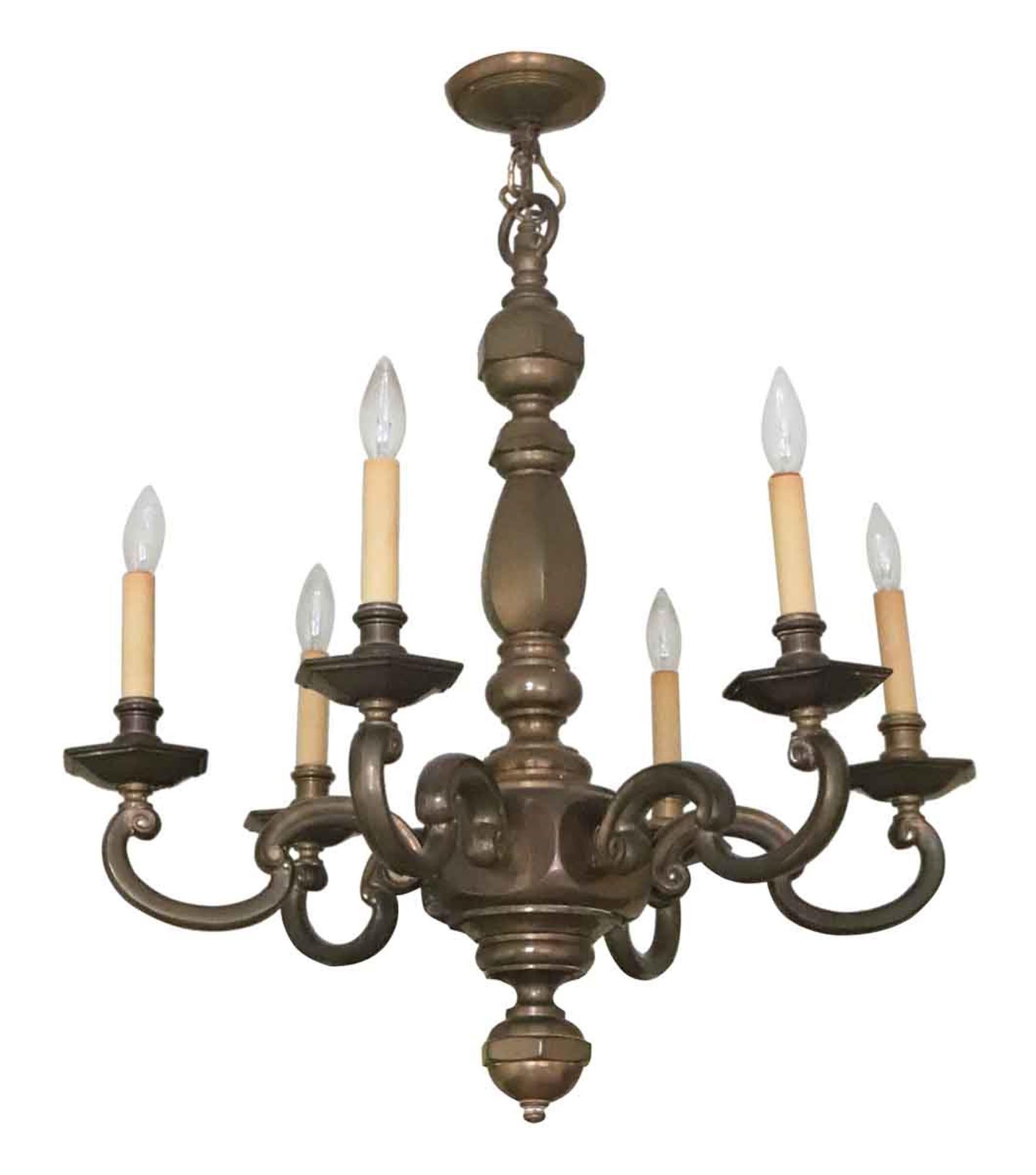 1980s cast bronze Georgian style six-arm chandelier original to the NYC Waldorf Astoria Hotel Towers. A Waldorf Astoria authenticity card included with your purchase. This can be seen at our 302 Bowery location in NoHo in Manhattan.