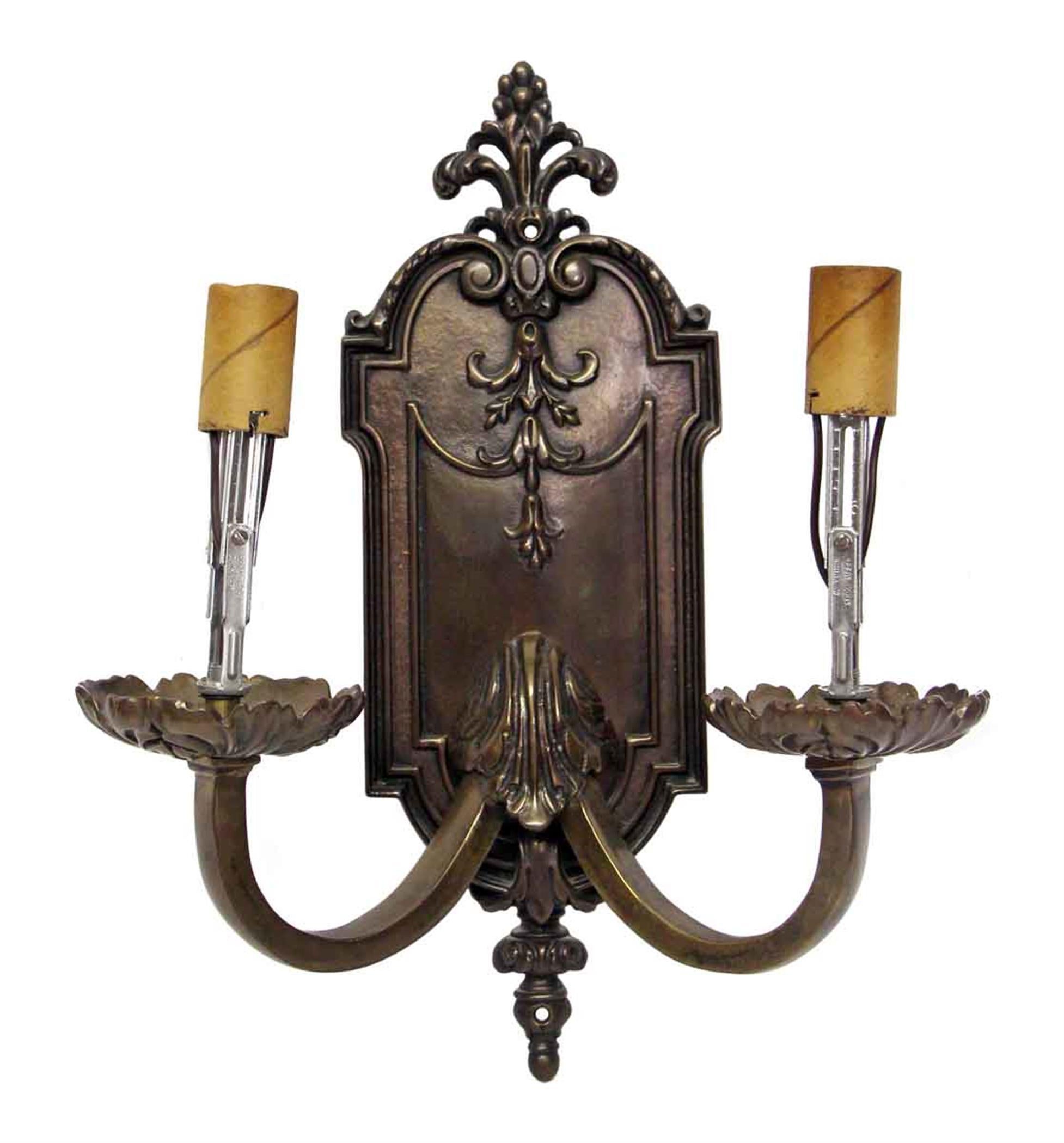 Heavy cast bronze decorative sconce from the 1980s Waldorf Astoria Hotel. A Waldorf Astoria authenticity card included with your purchase. Small quantity available at time of posting. Priced each. Please inquire. Please note, this item is located in