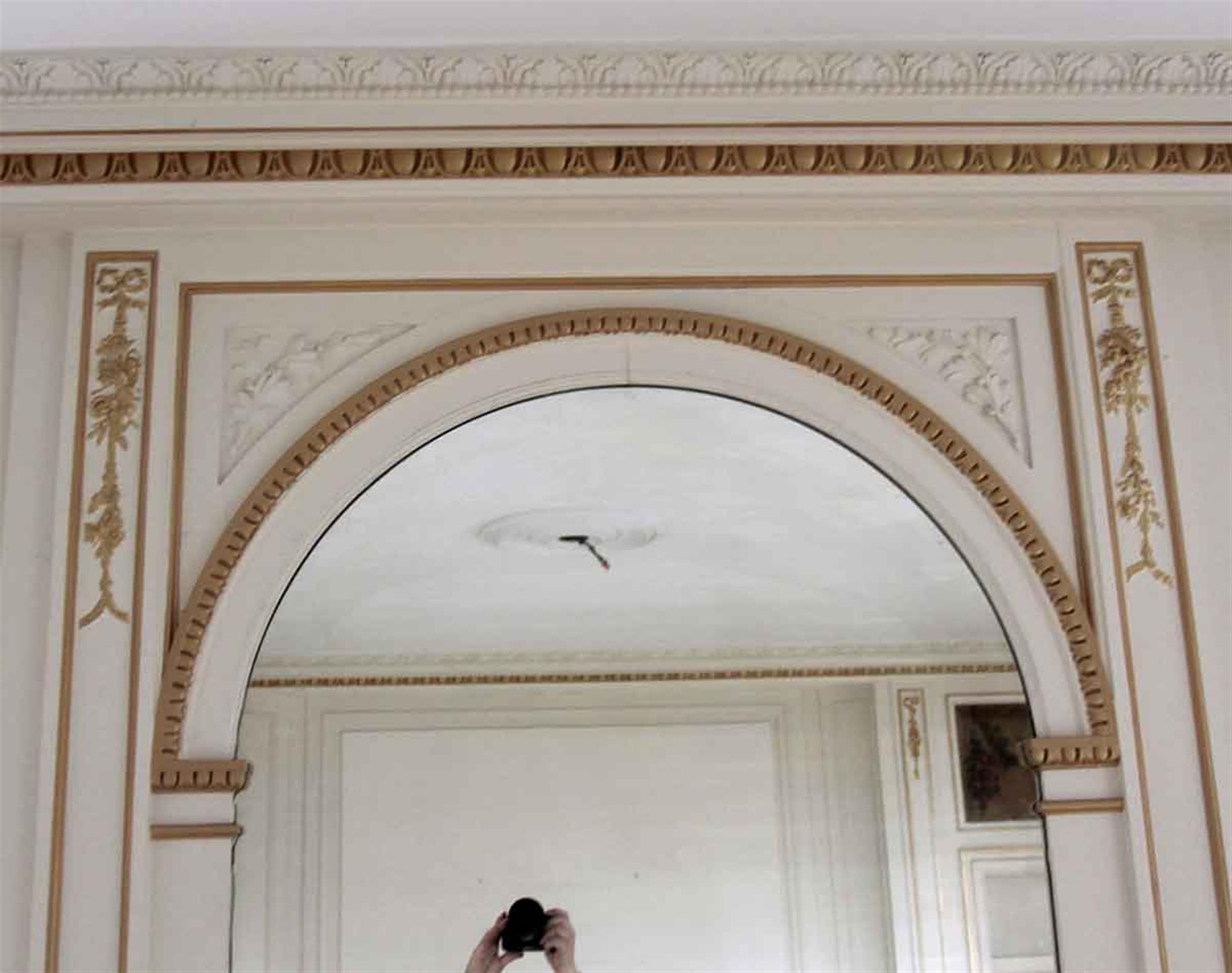 American 1980s NYC Waldorf Astoria Hotel White Over Mantel Mirror with Carved Gold Detail