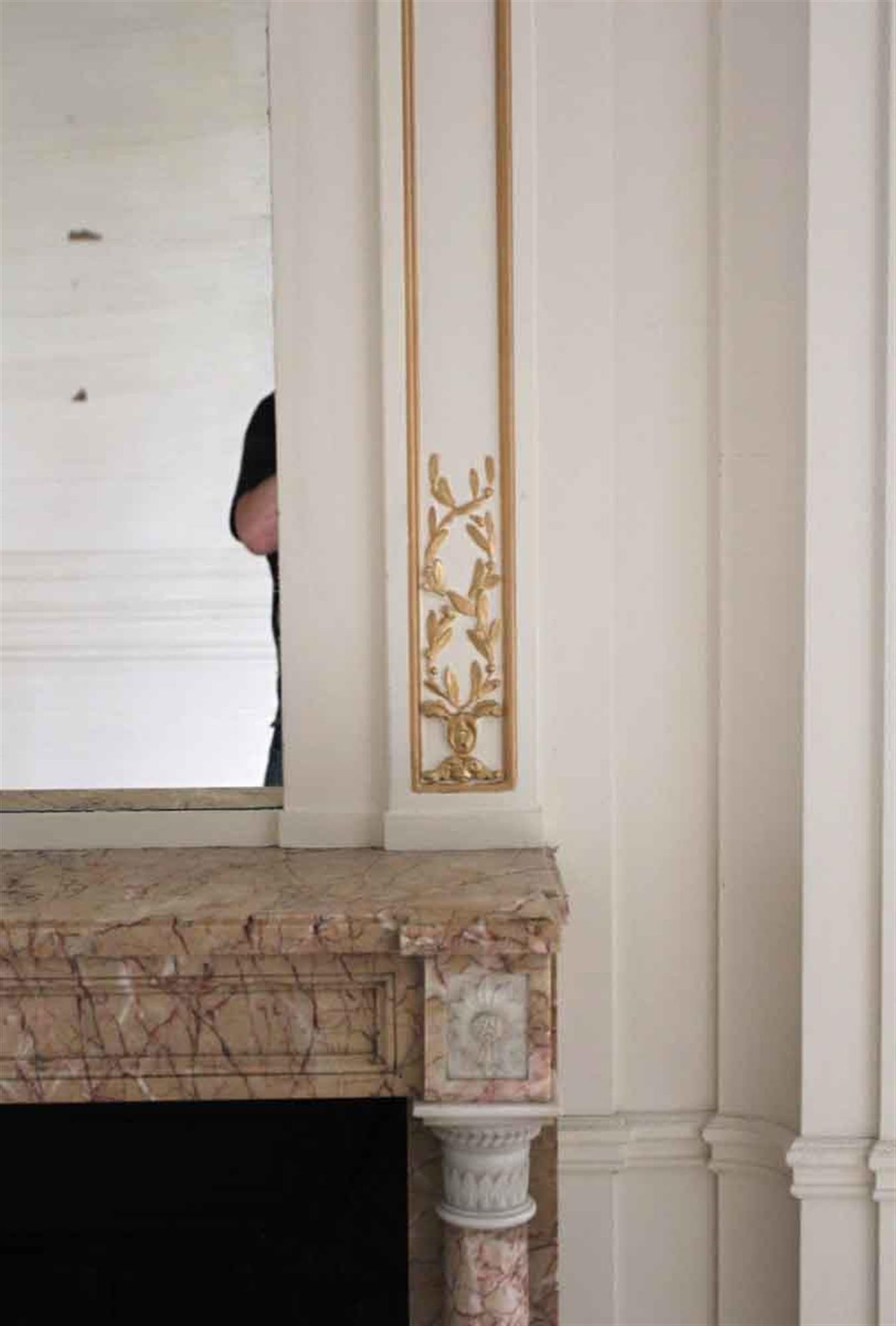 1980s NYC Waldorf Astoria Hotel White Over Mantel Mirror with Carved Gold Detail 1