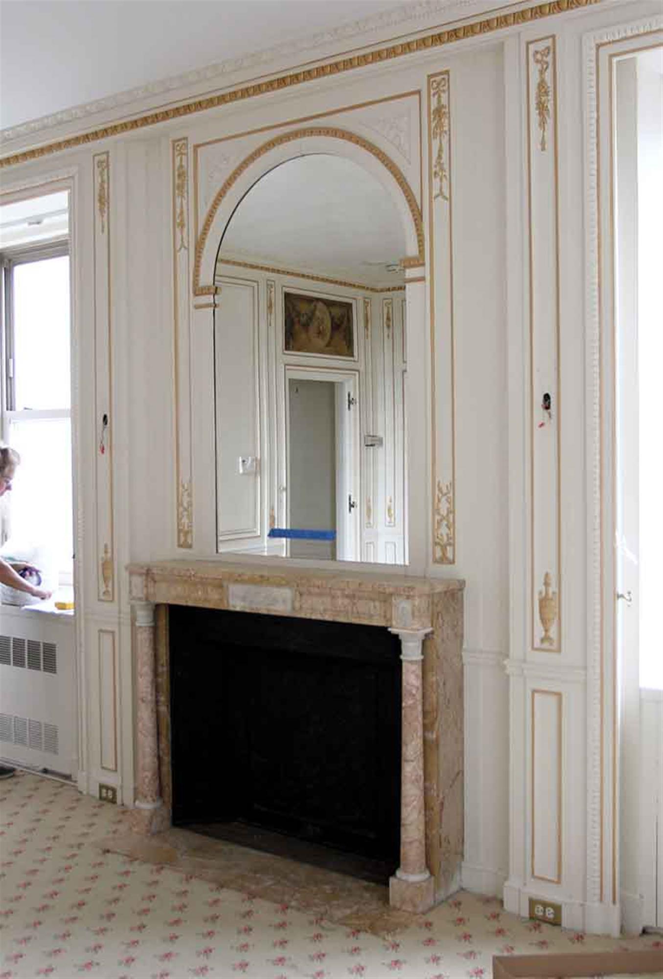 1980s NYC Waldorf Astoria Hotel White Over Mantel Mirror with Carved Gold Detail 3