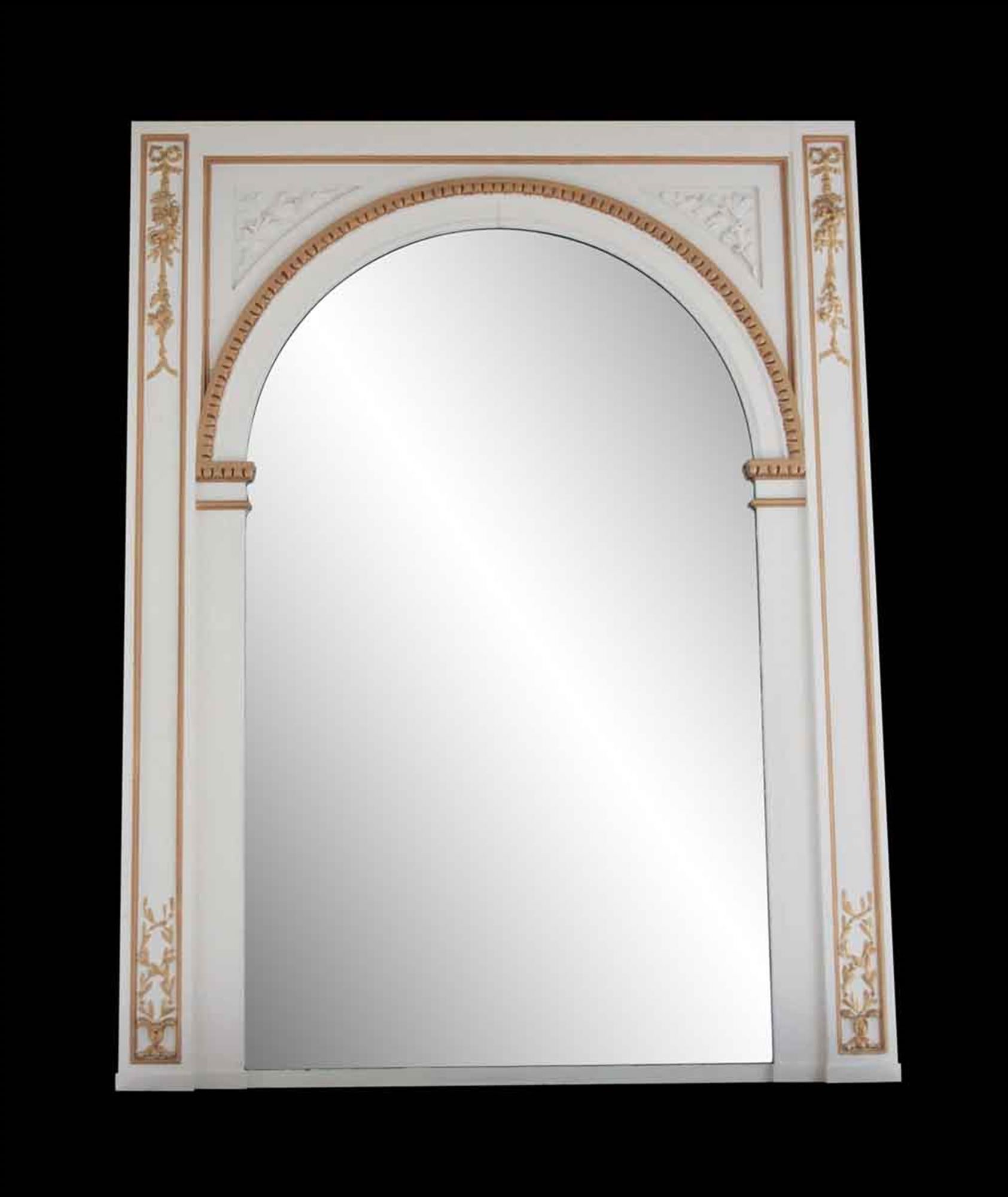 1980s painted carved white wooden over mantel mirror with white and gold details from the NYC Waldorf Astoria Hotel. Original to Room 30 H4. Waldorf Astoria authenticity card included with your purchase. This can be viewed at our Scranton,