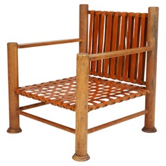 1980s Oak And Leather Open Arm Chair