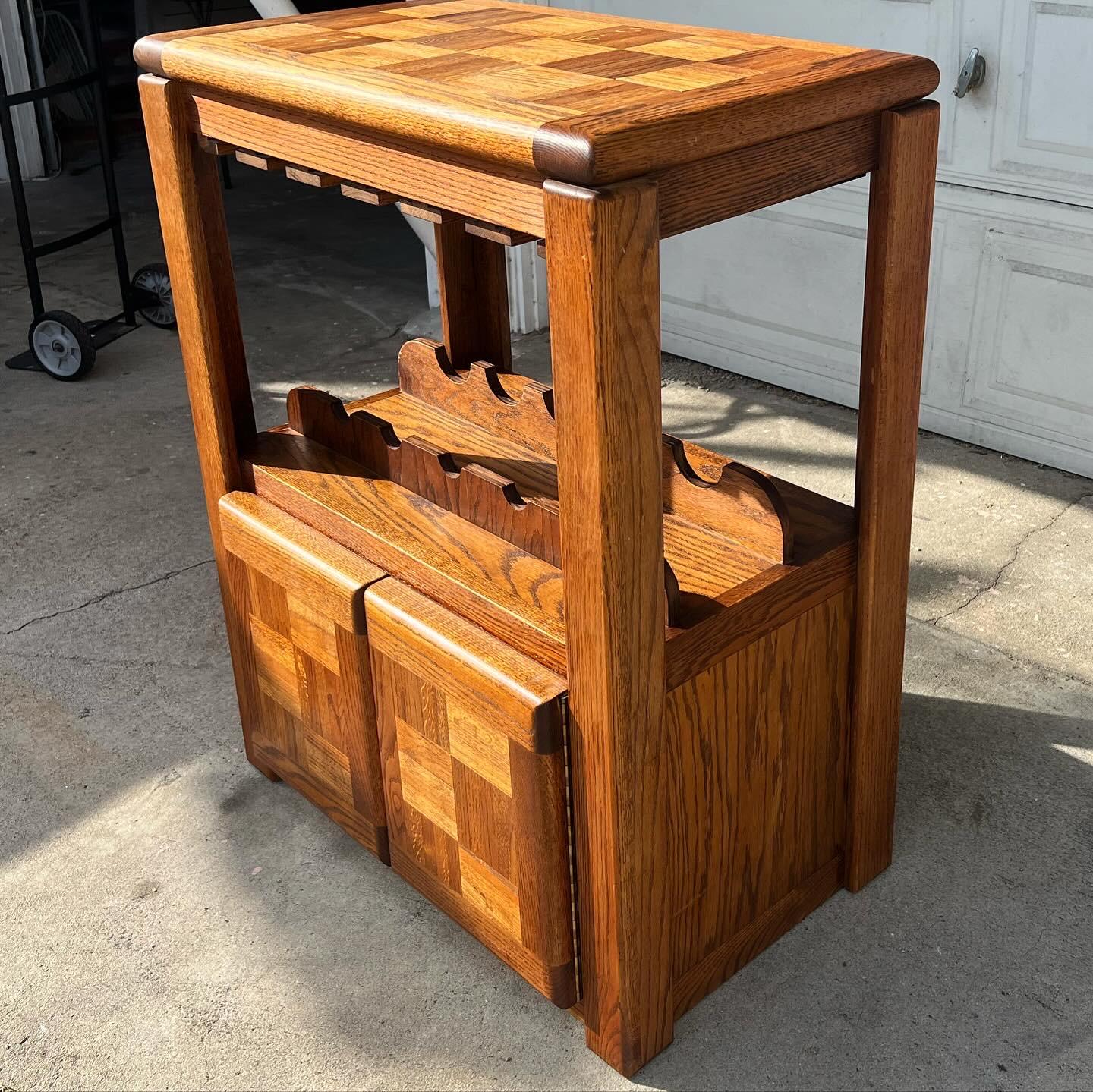 1980s Oak Parquet Vintage Dry Bar Cabinet 1