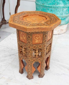 1980s Octagonal Wooden Side Table with Inlaid.
