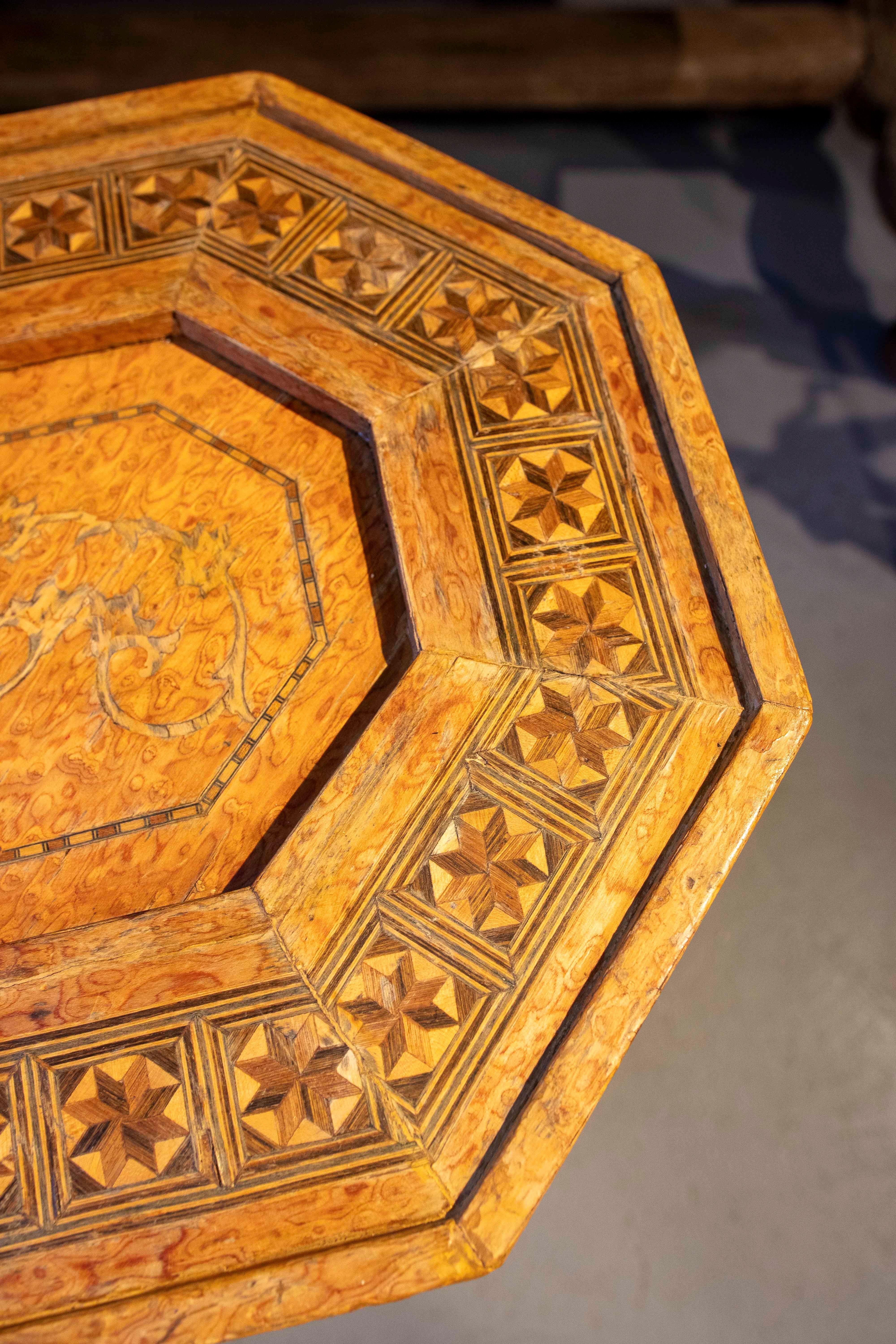  1980s Octagonal Wooden Table with Inlays 3