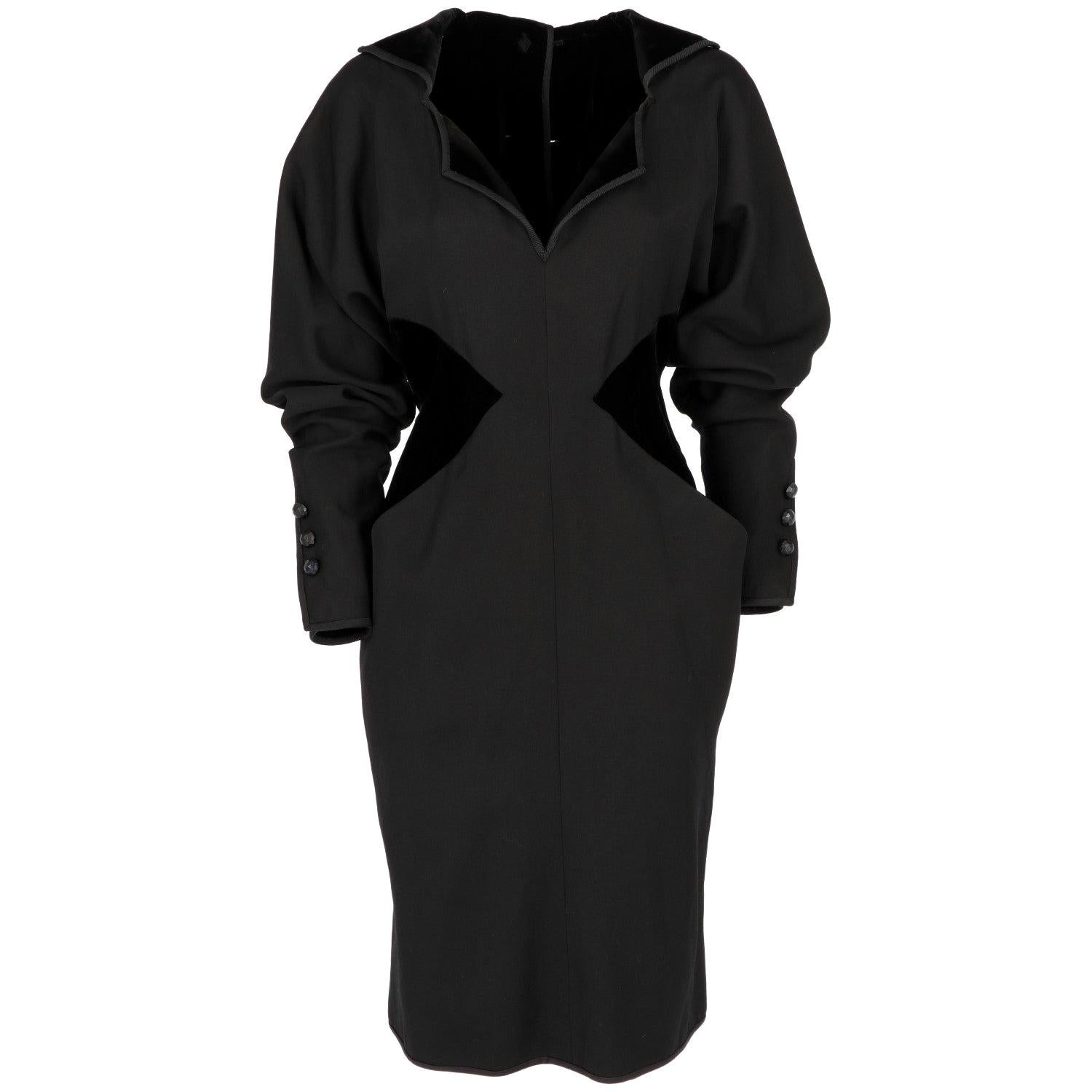 1980s Odicini Couture black wool and velvet Dress For Sale