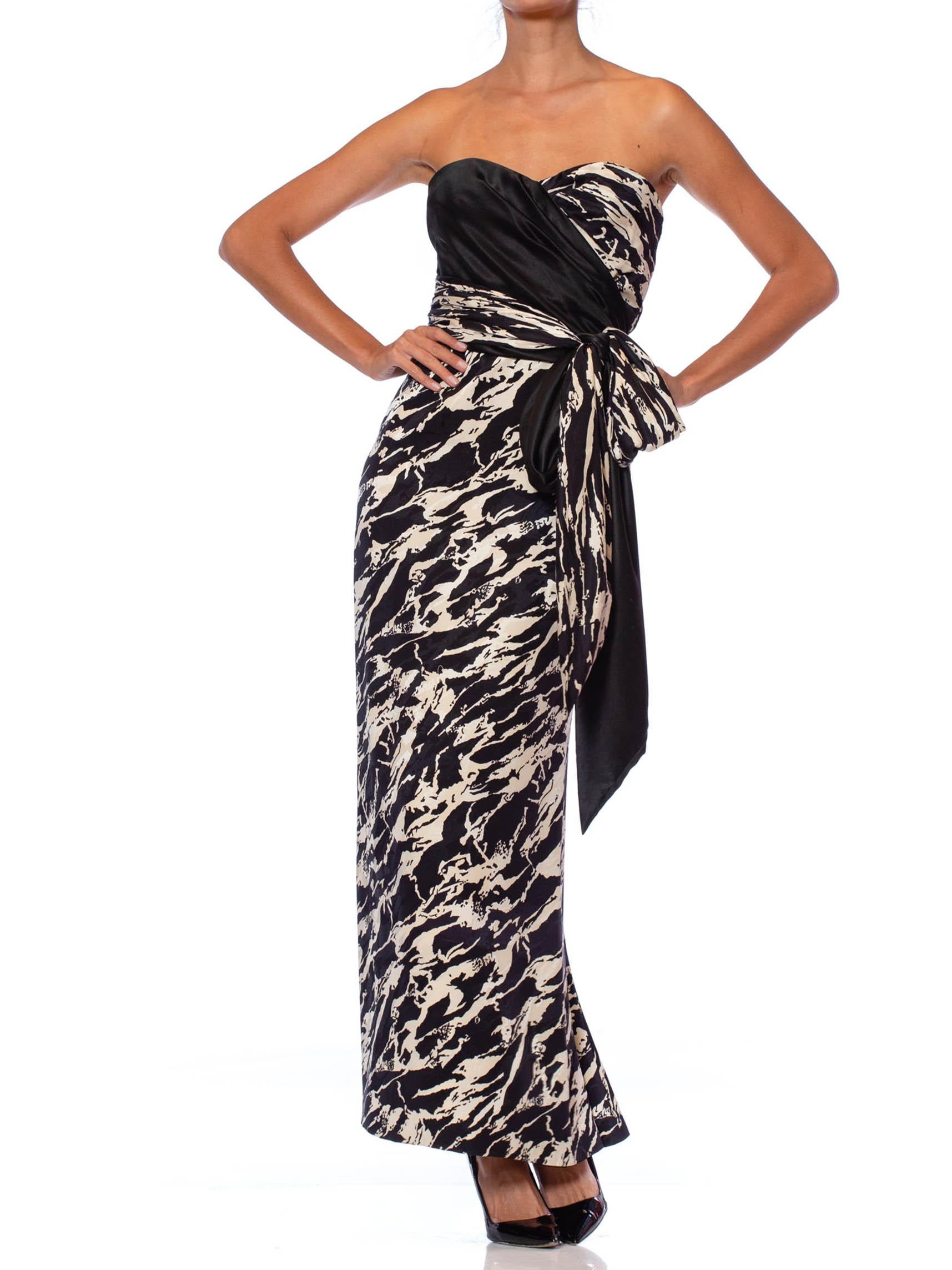 1980S ODICINI COUTURE FOR FRED HAYMAN BEVERLY HILLS Black & White Silk Charmeuse Strapless Gown