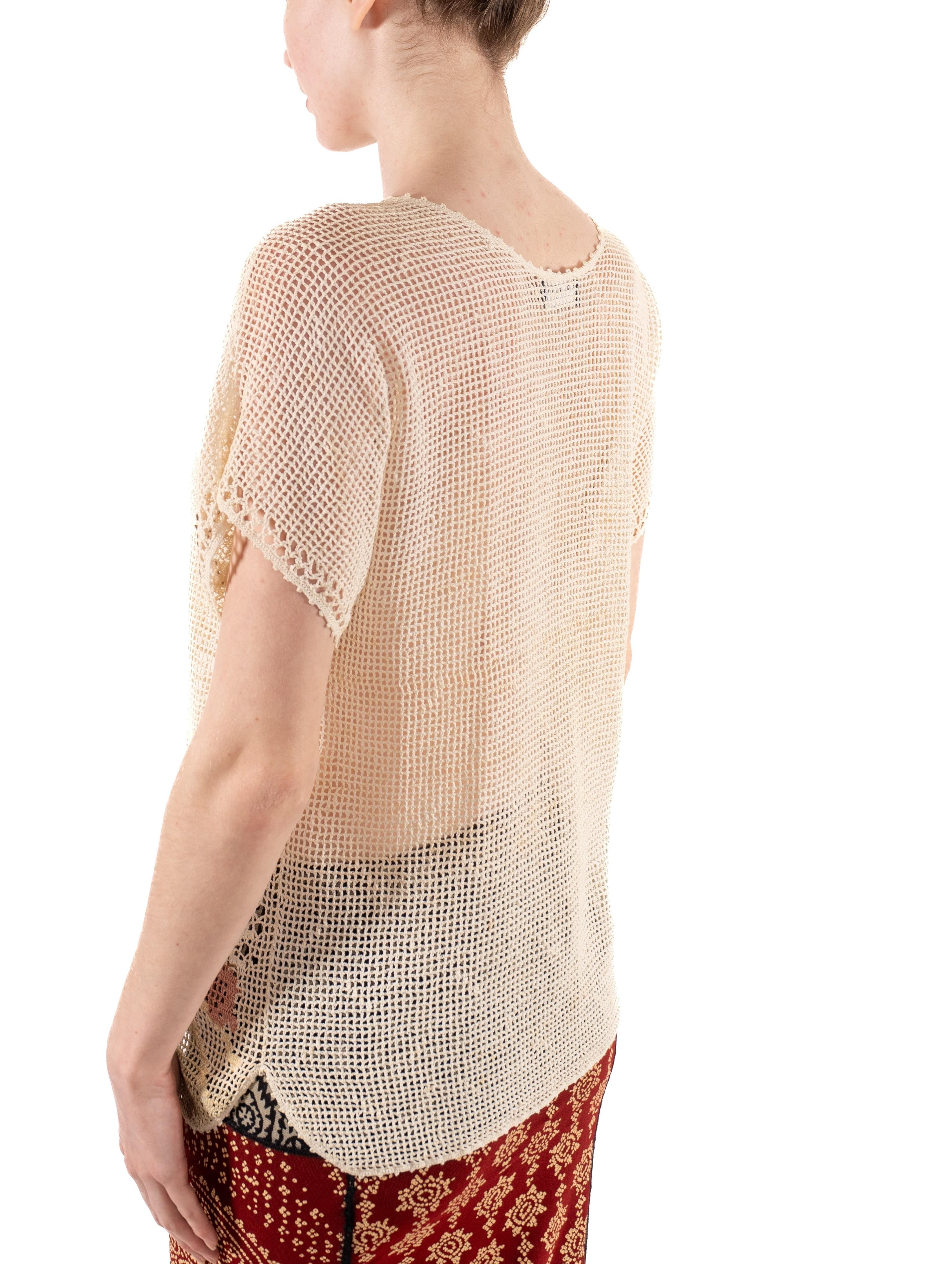 1980S Off White Hand Beaded Cotton Crochet Lace Crane Top (Top de grue en coton crocheté perlé à la main) en vente 1