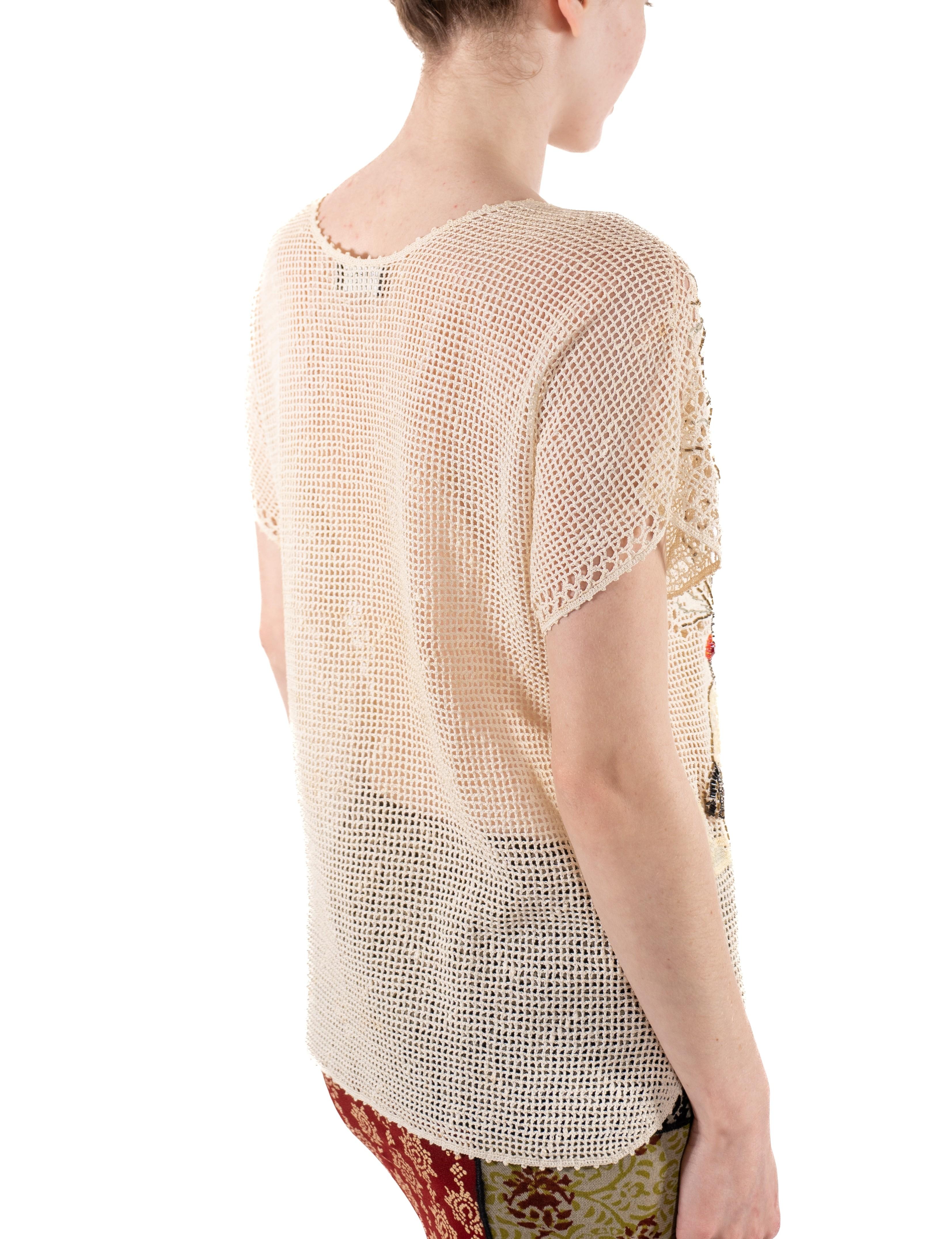 1980S Off White Hand Beaded Cotton Crochet Lace Crane Top (Top de grue en coton crocheté perlé à la main) en vente 3