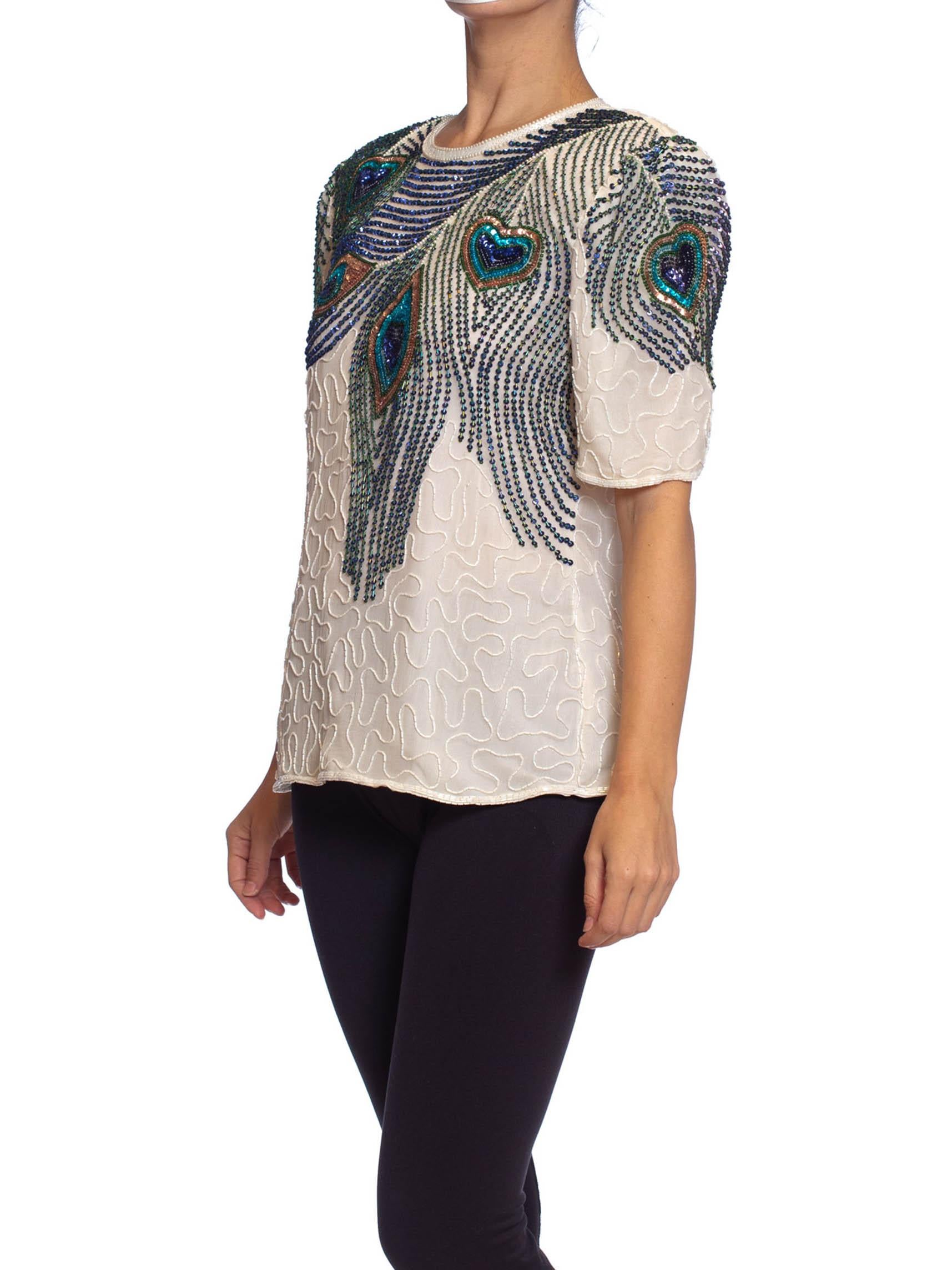1980S Off White Silk Beaded Peacock Feathers Top For Sale 4