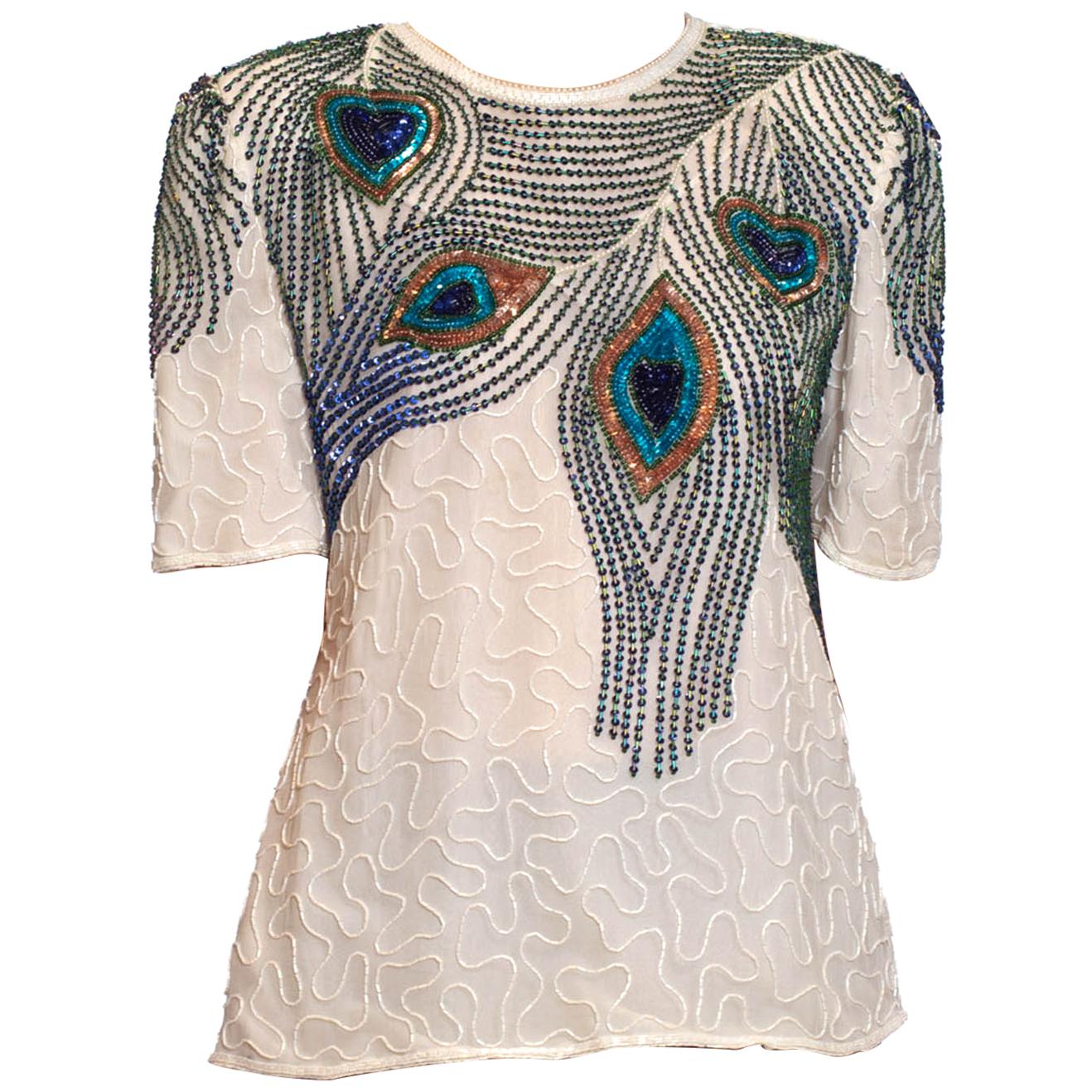 1980S Off White Silk Beaded Peacock Feathers Top For Sale