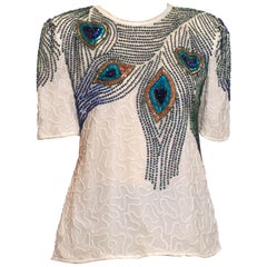 1980S Off White Silk Beaded Peacock Feathers Top