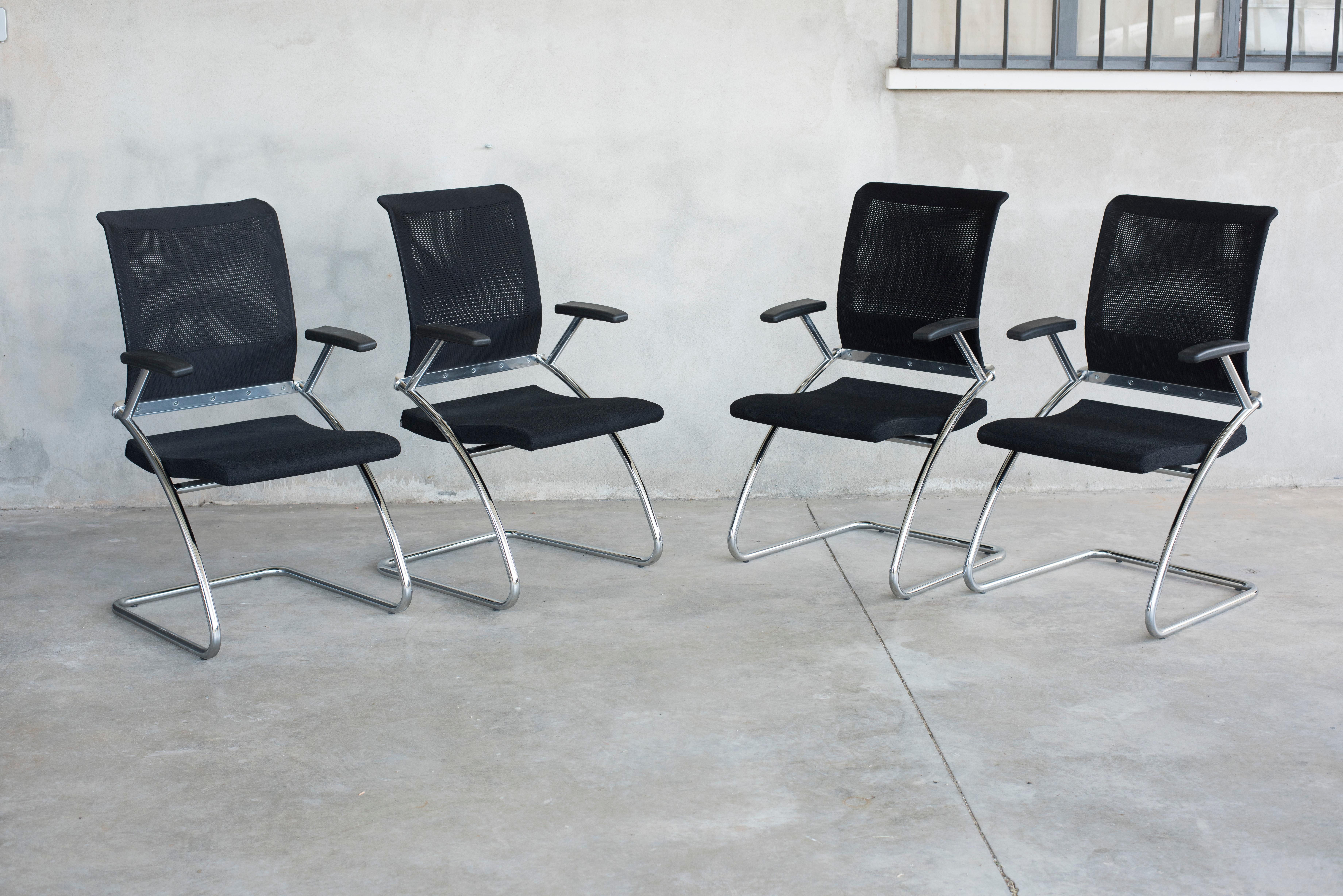 1980s Office Technical Black Upholstery Chromed Steel Armchairs Eight Available For Sale 11