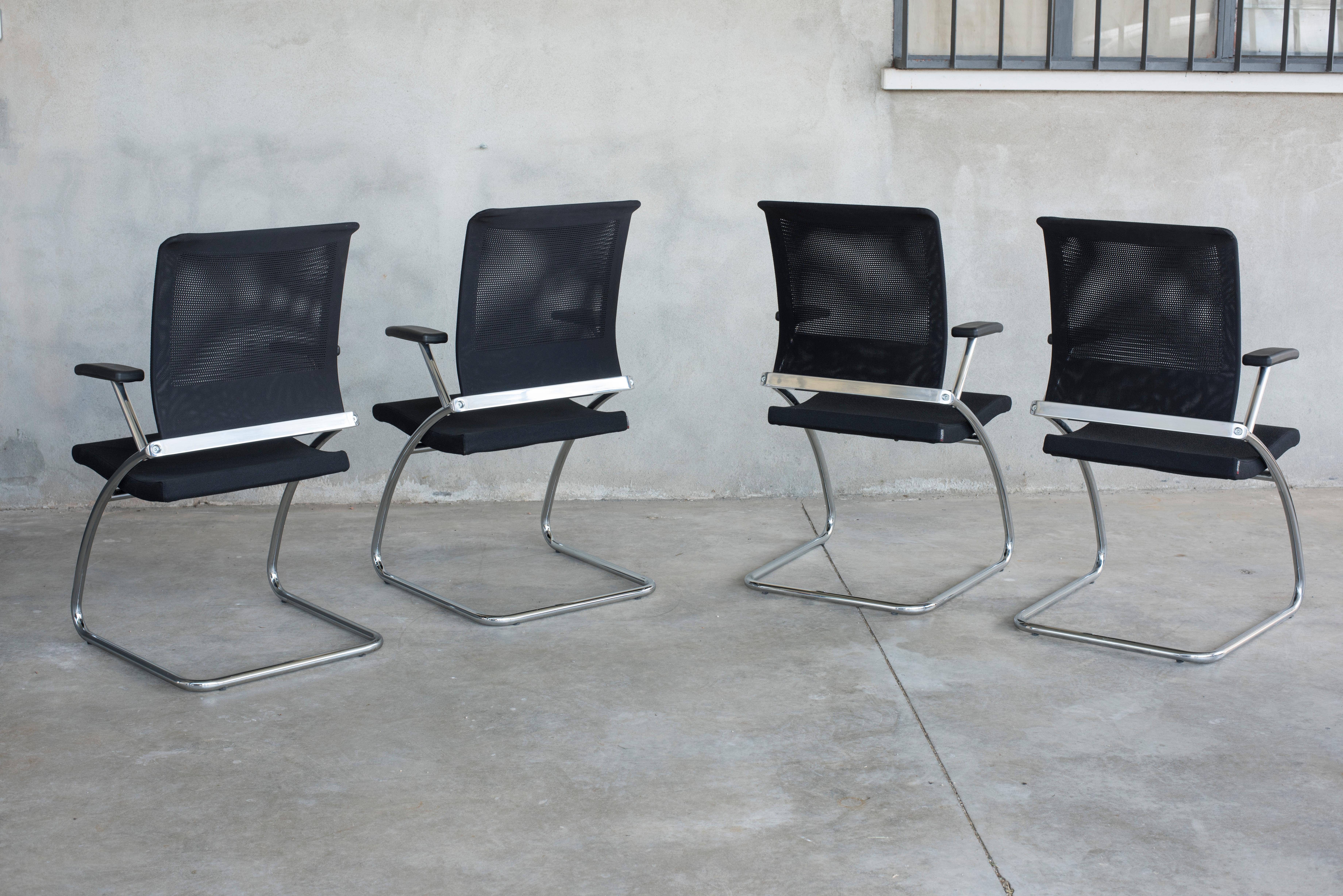 Italian 1980s Office Technical Black Upholstery Chromed Steel Armchairs Eight Available For Sale