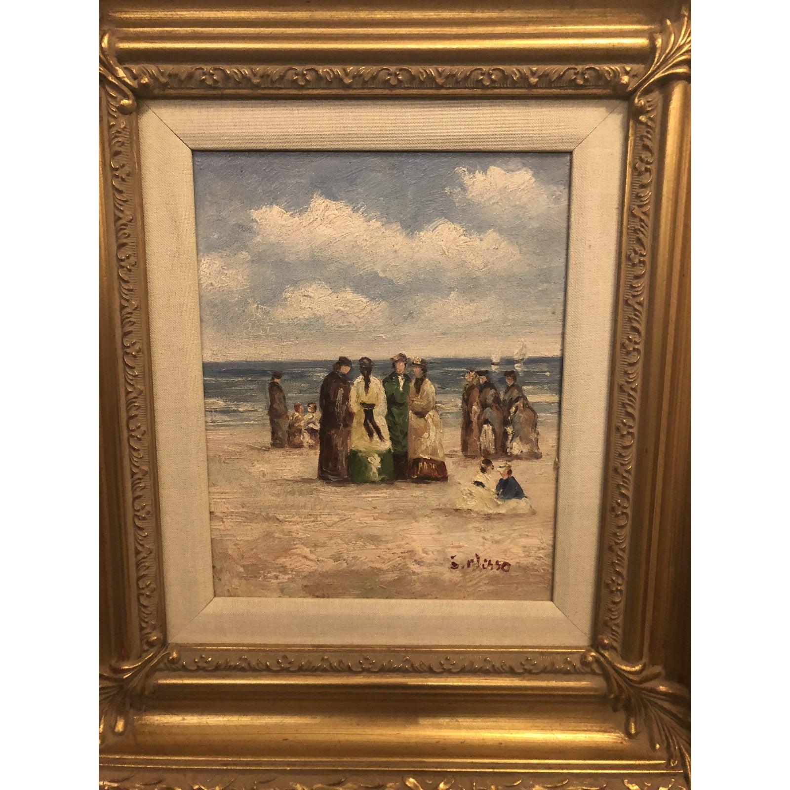 This is an oil on canvas painting depicting a group of people, seaside. The gilt frame is finely hand carved. 
The piece is from the 1980s.

Dimensions:

Framed 18