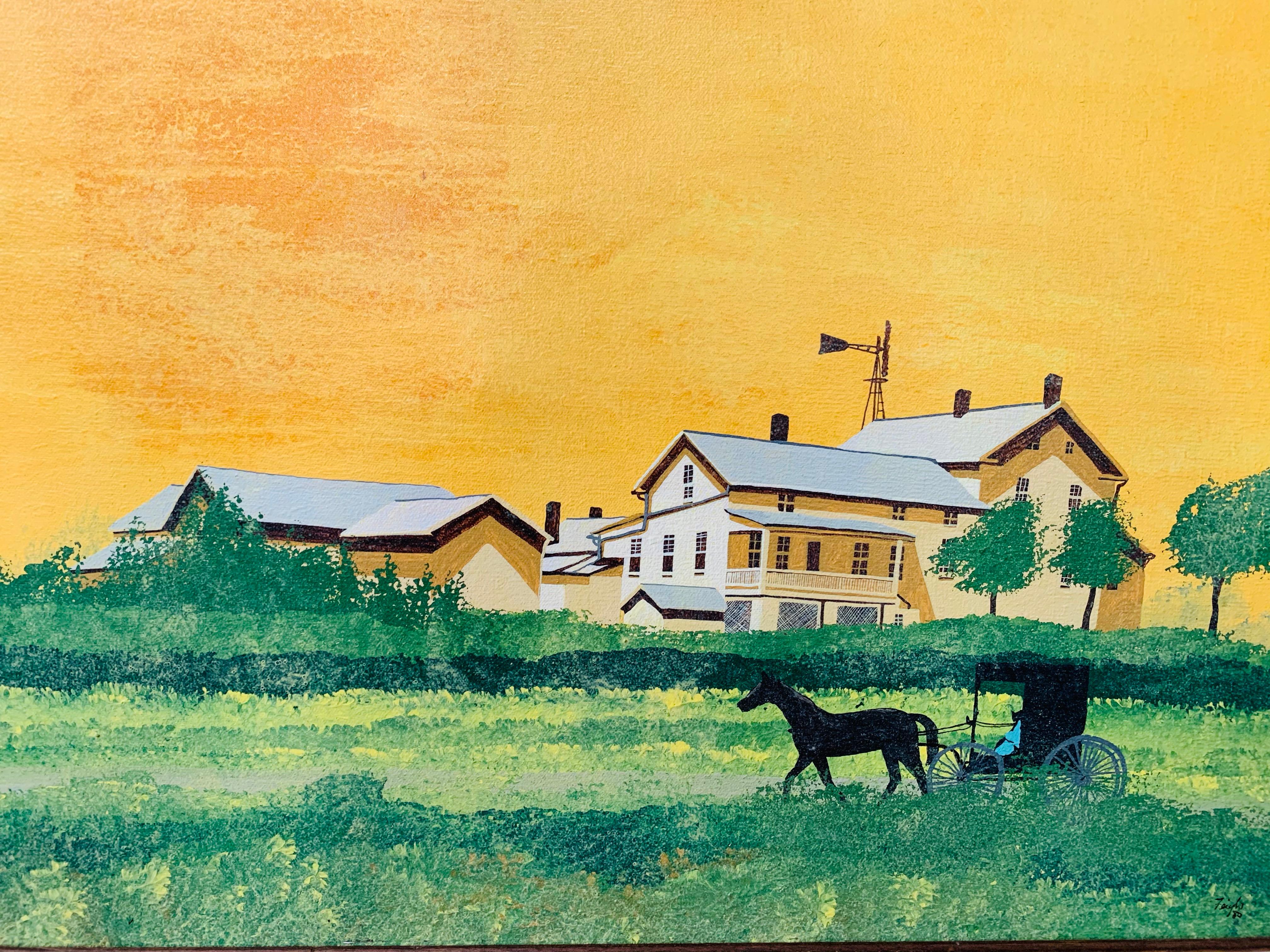 A beautiful oil on canvas painting of farm scene in a vivid yellow and green.
The painting is elegantly framed in a hand carved wooden frame and is signed by artist Fredrik in the front and back of the painting.
Dimensions: 30.5