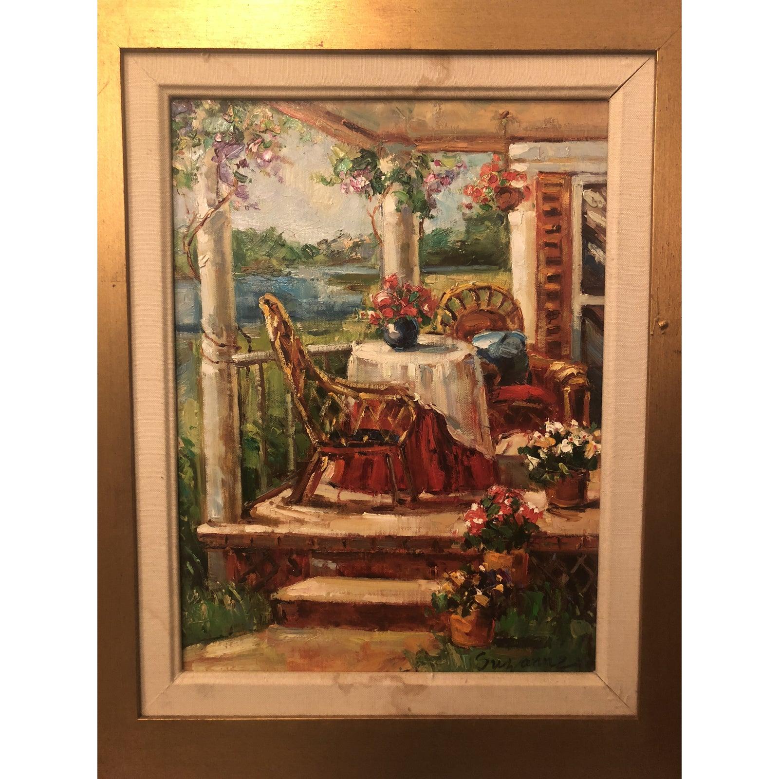 1980s oil on canvas painting of a Home Porch signed by artist in gilt frame 
A gorgeous oil on canvas painting of a home porch. The painting depicting a view of an elegant country home deck by the lack. This beautiful painting is finely presented