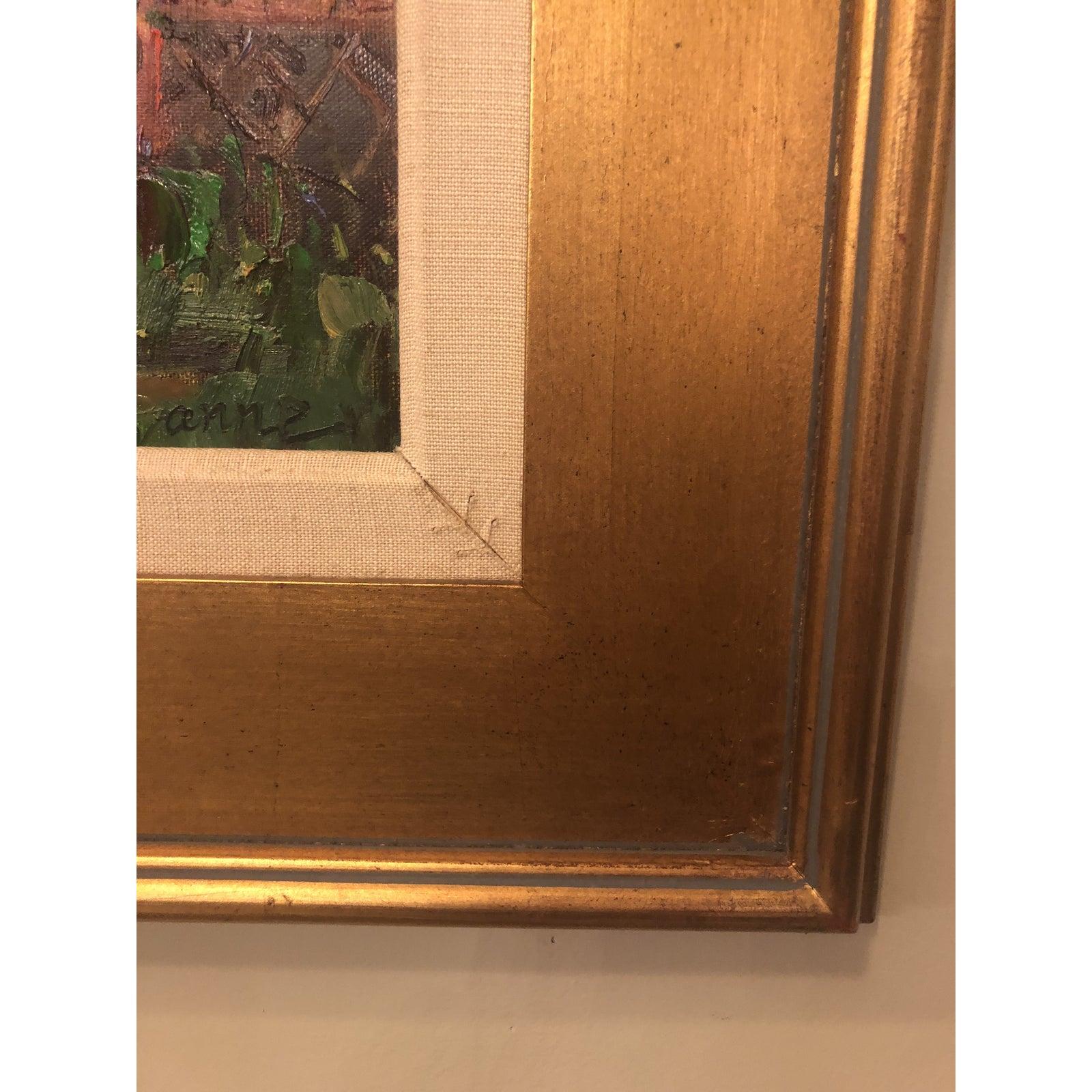 1980s Oil on Canvas Painting of a Home Porch Signed by Artist in Gilt Frame In Good Condition In Plainview, NY